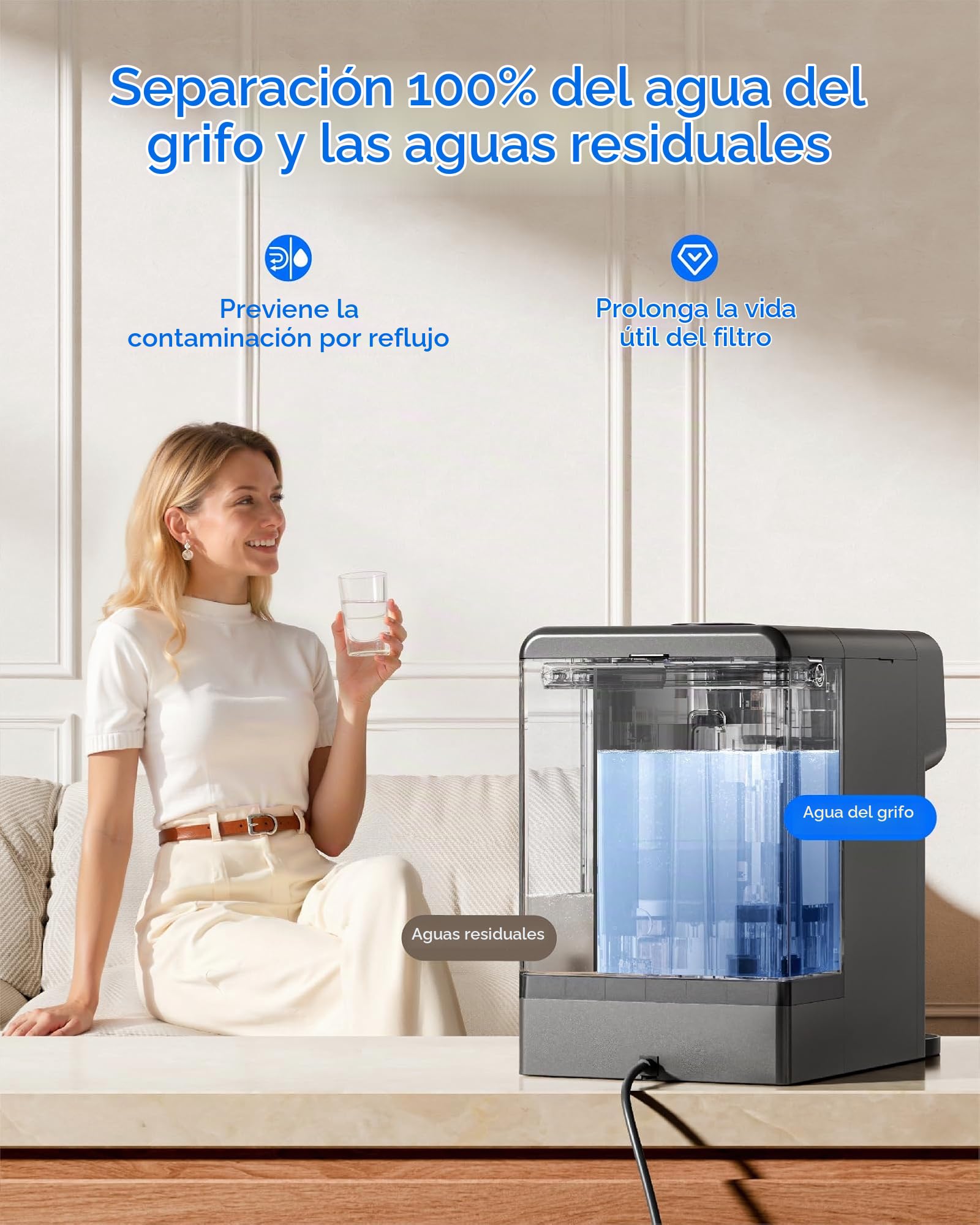 Waterdrop M6HG Mineralizada Ósmosis Inversa, Agua Caliente Instantánea, Certificado NSF/ANSI 58 y 372, 8 Etapas de Filtración, Relación Agua Pura/Drenaje 3:1, 5 Temperaturas, Jarra de Cristal, Sin BPA | UV LED, NSF/ANSI 58 y 372 certificado, 8 niveles, 3: