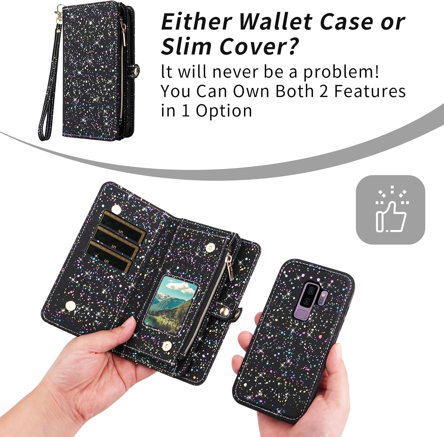 Asuwish Phone Case for Samsung Galaxy S9 Plus Zipper Wallet Magnetic Detachable Cover with Tempered Glass Screen Protector and Glitter Card Holder Stand Cell S9+ 9S 9+ S 9 9plus S9plus Women Men Black