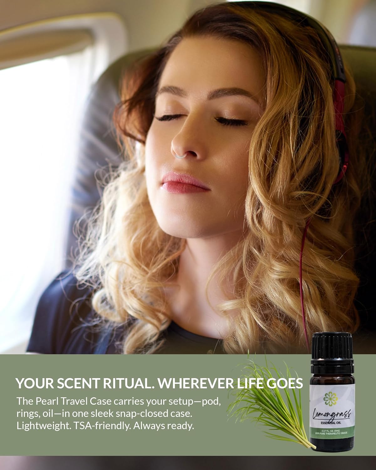 Essence Pearl Travel Case | Lemongrass Essential Oil | Aromatherapy Nasal Diffuser & Essential Oil Carrying Case | Refreshing Lemongrass Scent | Travel-Friendly Kit | Black Pod
