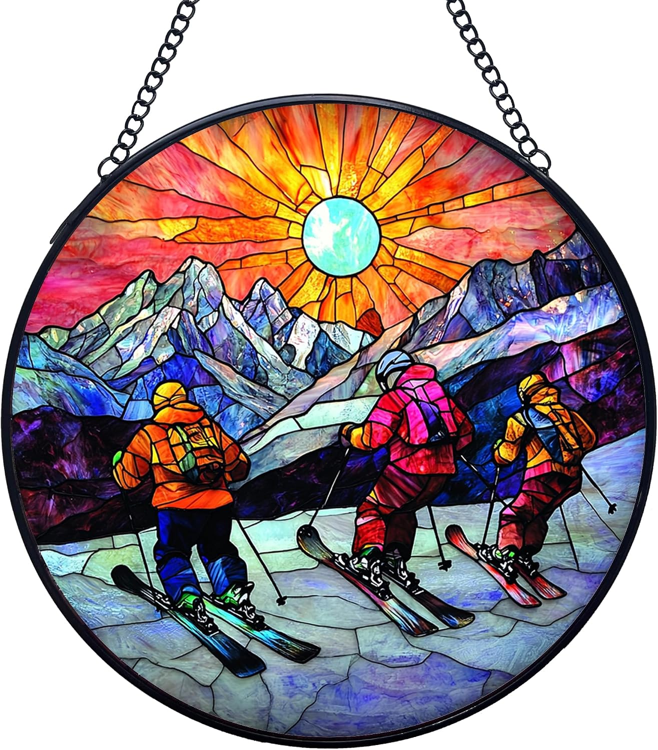 Winter Christmas Stained Glass Window Hanging Suncatchers, Winter Mountain Landscape Sun Catchers Indoor Window Glass Wall Art Decor, Christmas Wall Hanging Decorations Sculptures, 7.9x7.9in