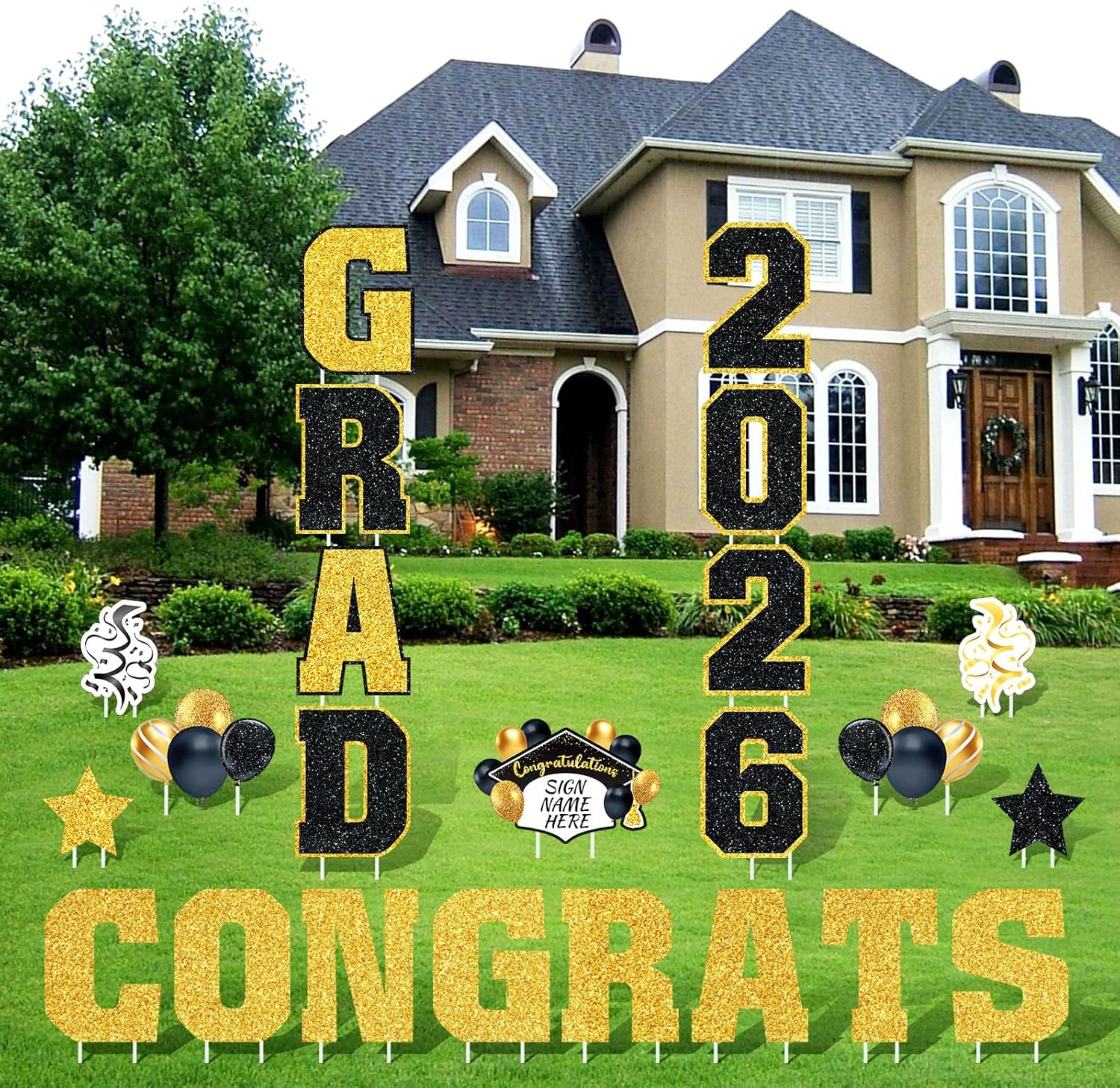 Chunful 23 Pcs Graduation Yard Sign Decorations Large 2026 Congrats Graduation Lawn Signs Grad Yard Signs with 46 Stakes for Outdoor Lawn Class of 2026 Party Decor Supplies(Black, Gold)