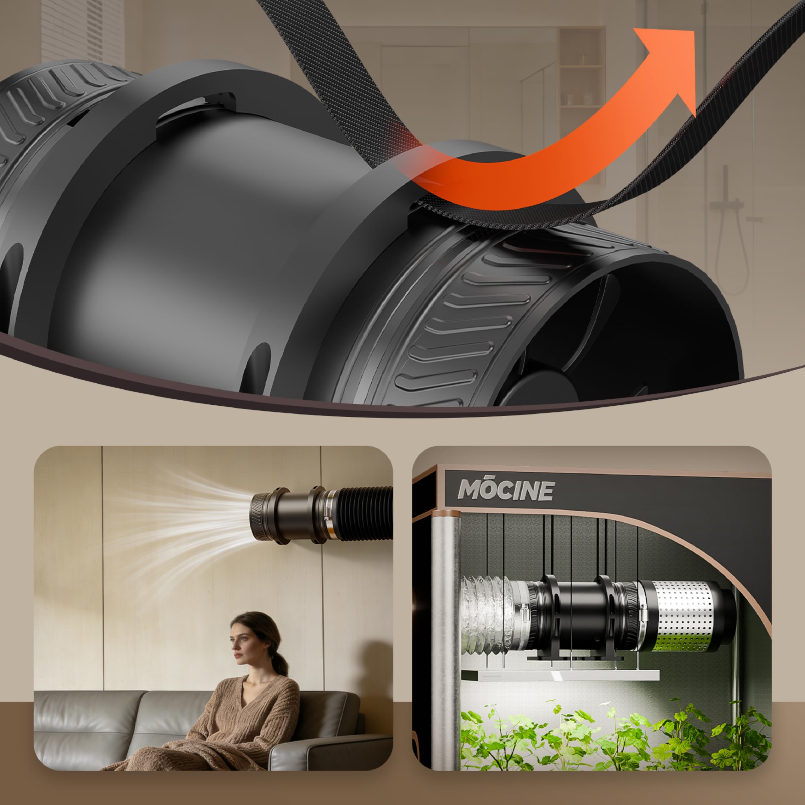 MOCINE Ventilador de conducto 100 mm regulable, 310 m³/h | Extractor en línea Con base de montaje y correa de fijación, ventilador silencioso para baño, sótano, ático, cultivo indoor