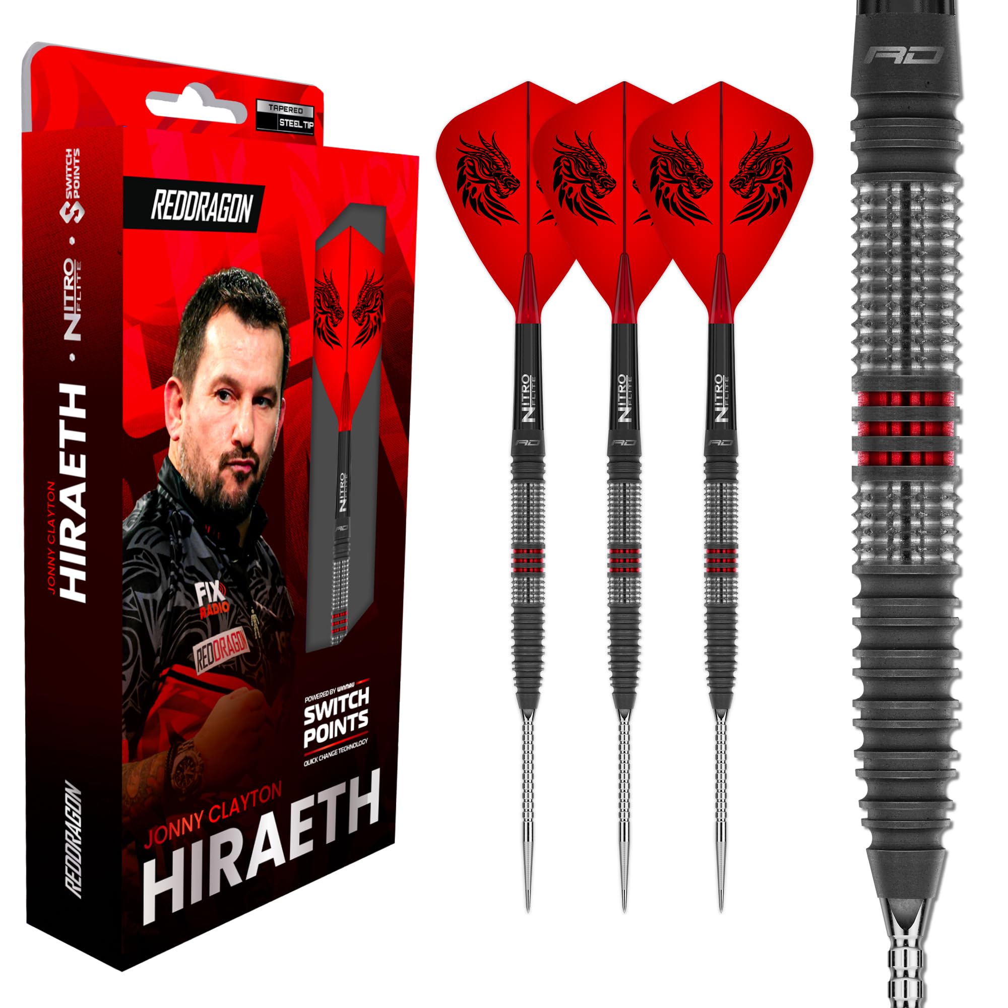RED DRAGON Fléchettes – Joueur professionnel – Série Jonny Clayton Hiraeth – Switch Points 23 g – Fléchettes professionnelles – Jeu de fléchettes 90 % tungstène avec ailettes et tiges