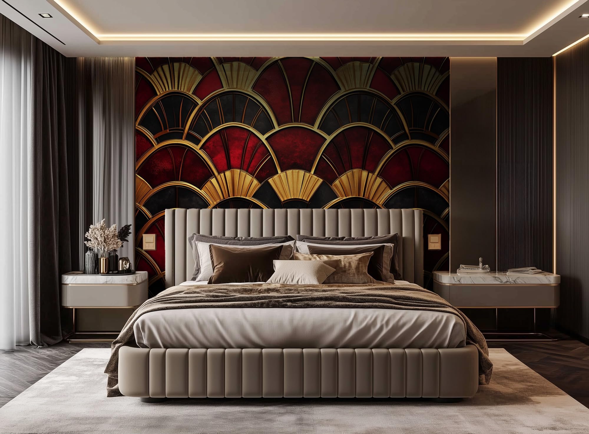 Art Deco Wall Mural Wallpaper – Luxurious Gold, Red & Black Fan Pattern with 3D Metallic Effect – Peel and Stick, Removable Large Wall Décor for Living Room, Bedroom, Office