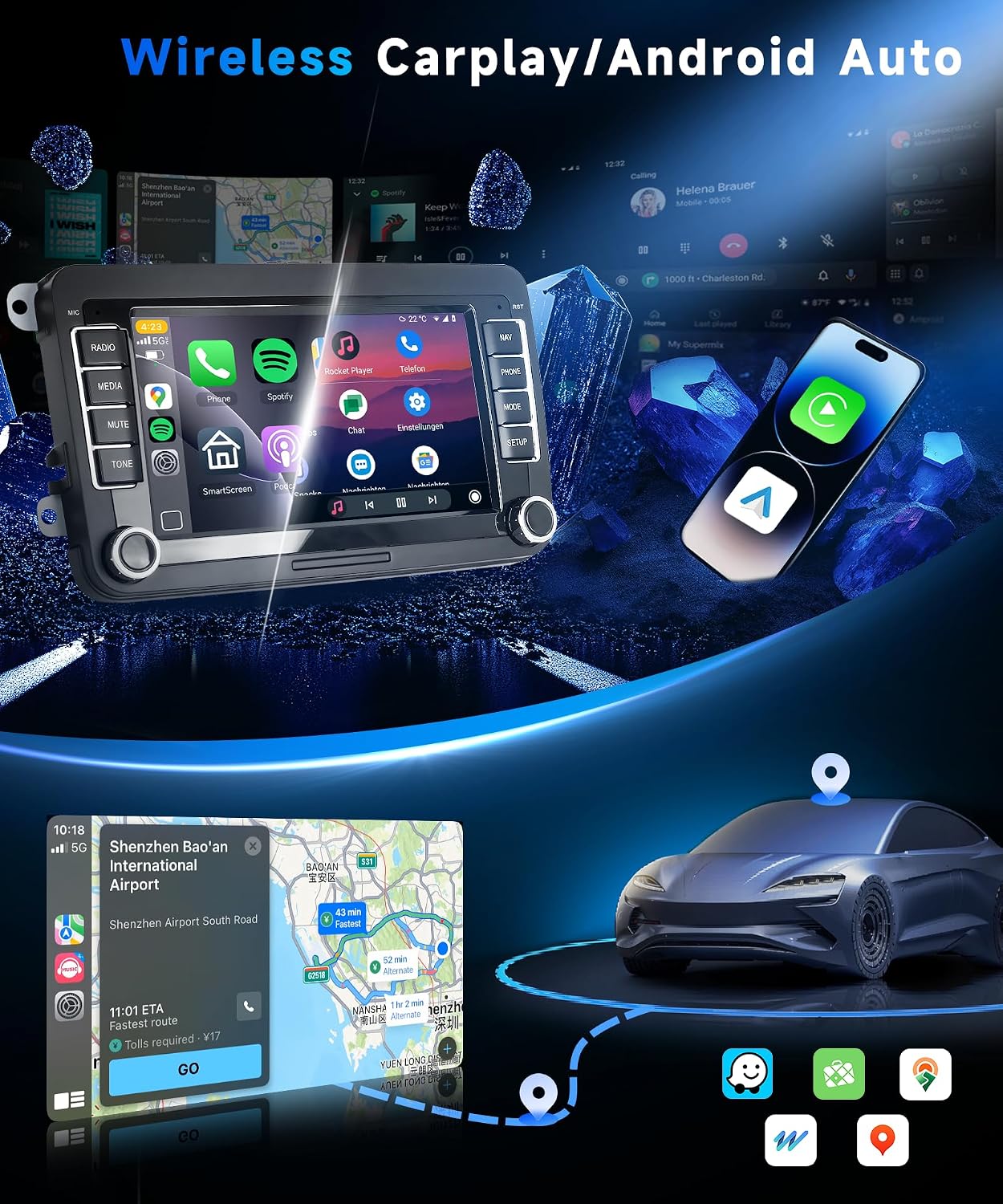 Image showing the car stereo display with Wireless Carplay and Android Auto interfaces, demonstrating smartphone integration for navigation, music, and apps.