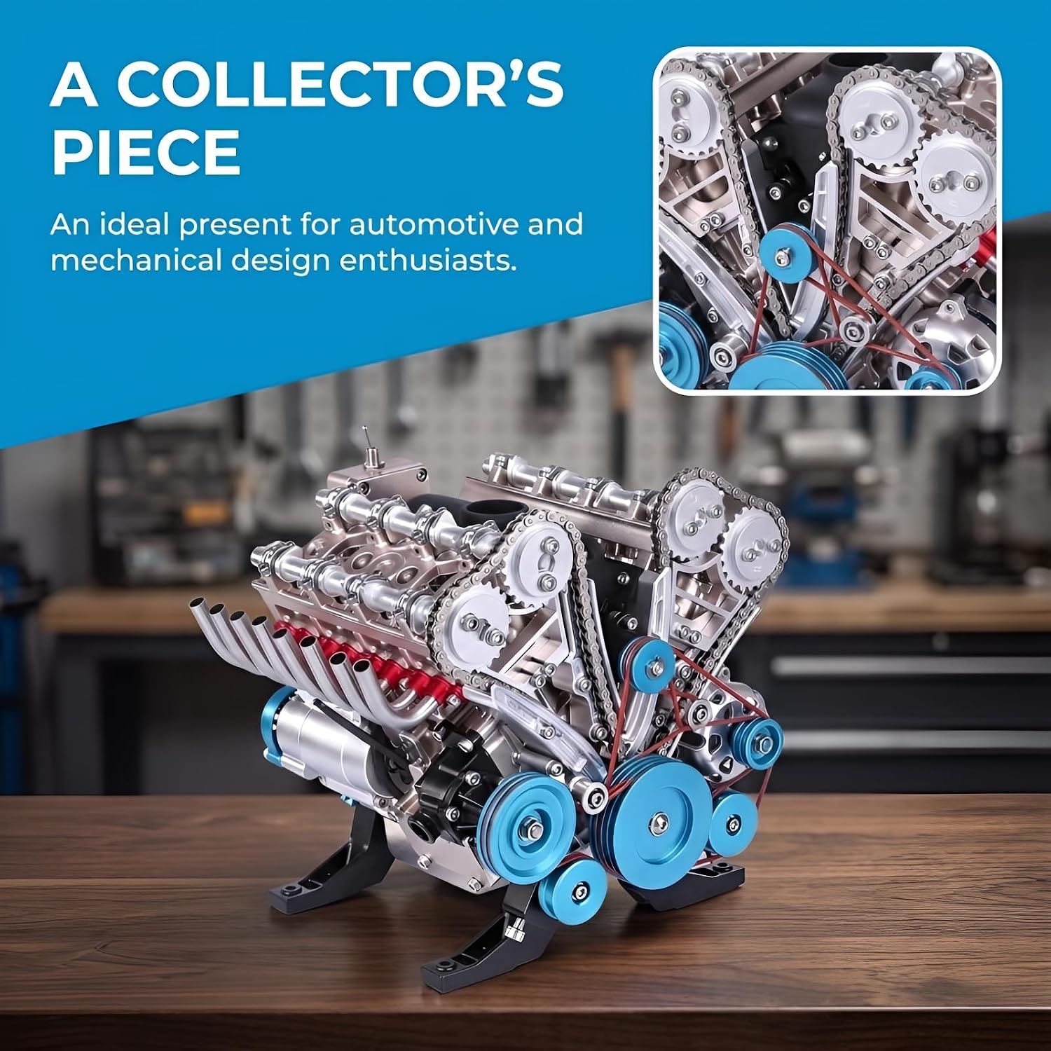 8-Cylinder Car Engine Model Resin Desktop Ornament B(Silver) | Classic Engine Layout, Mechanical Structure Study, Shelf and Tabletop Display,3.94x 3.54 x 4.72 In
