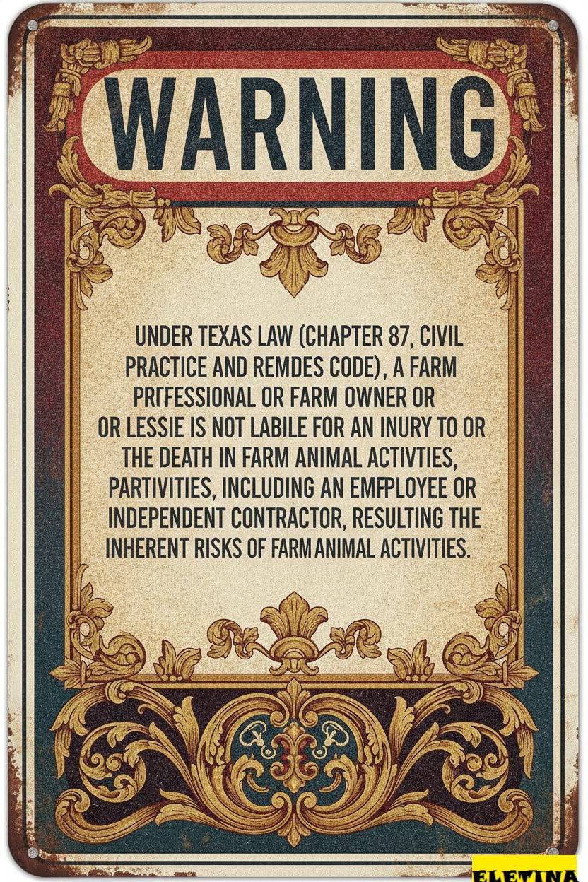 Texas Farm Liability Warning Tin Sign, 8x12 Inch