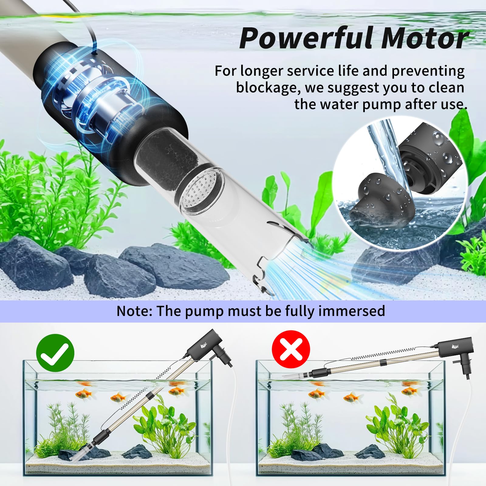 AQQA Limpiador de grava al vacío para acuario, 20 W, eléctrico, recargable, herramientas para cambio automático de agua, limpieza de desechos y lavado de arena, fuerte succión con 4 velocidades