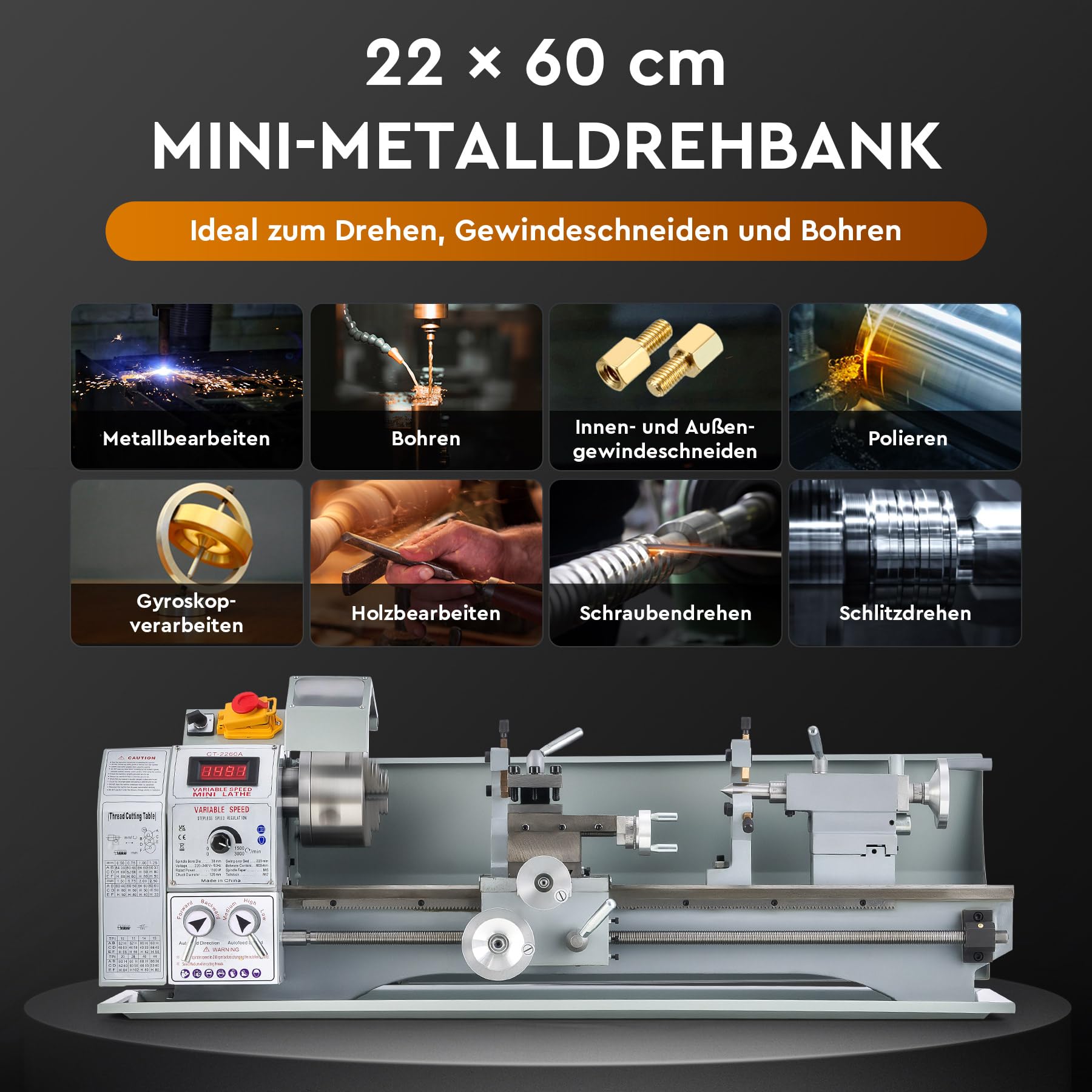 CREWORKS Mini-Drehmaschine 9 x 24 Zoll mit 3-Backen-Futter und 3000 U/min Mini-Metalldrehmaschine 220x600MM mit LCD-Display, 1100W Drehbank Metall für Heimwerker-Metallverarbeitung und Handwerk