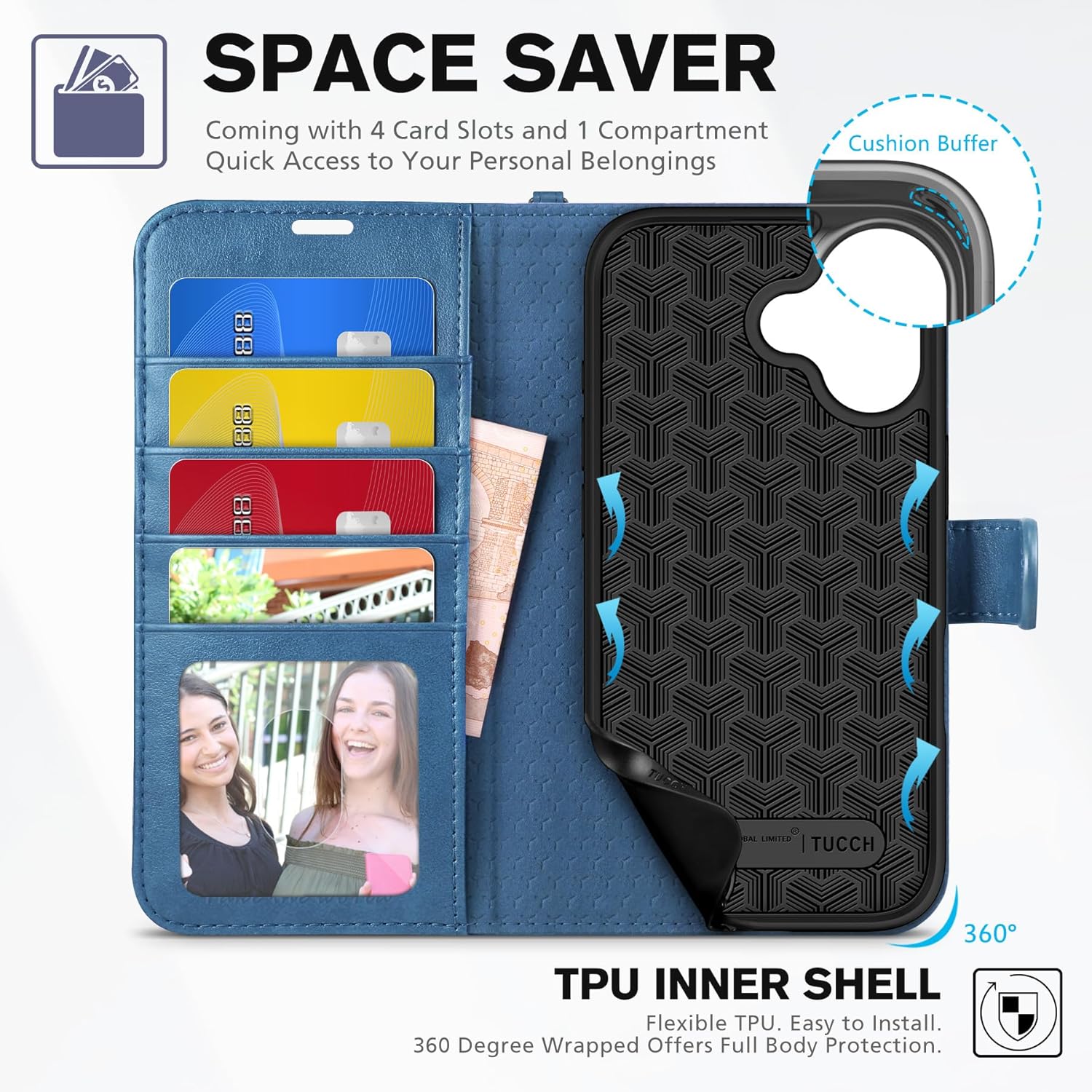 TUCCH Wallet Case for iPhone 17 (6.3-Inch) 2025, Wrist Strap | RFID Blocking 4 Card Holders | Kickstand | Shockproof TPU Shell | PU Leather | Magnetic | Protective Flip Cover | Light Blue
