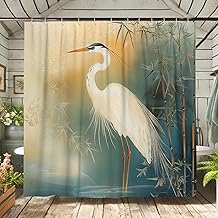 Elegant Crane Shower Curtain, Artistic Blue Green Beige Bird Bath Curtain for Bathroom Decor, Spring Summer Nature Inspired Fabric Shower Curtain Set with Hooks 62x72 Inch