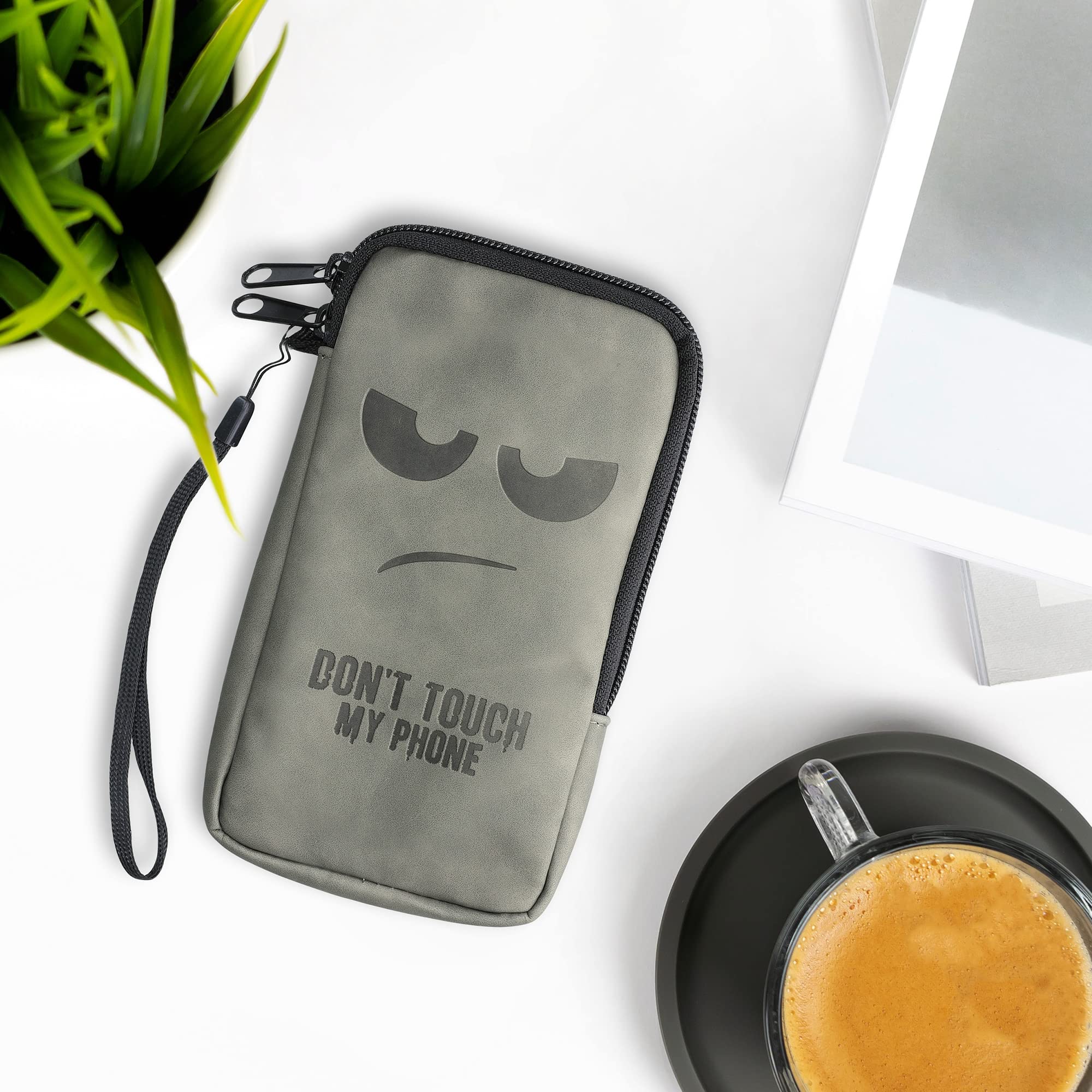 kwmobile Uniwersalne etui na smartfon rozmiar L - 6,5 cala - etui ze skóry syntetycznej z zamkiem błyskawicznym - Don't Touch My Phone Grey