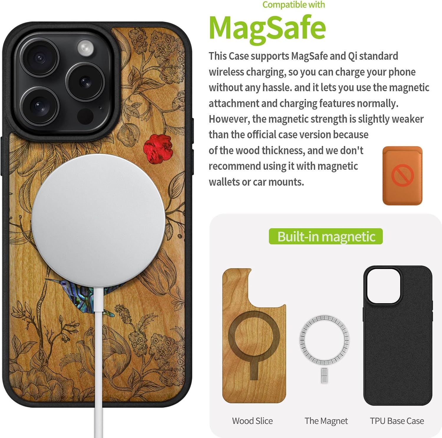 Carveit Magnetic Case for iPhone 16 Pro Case, Wood Artisan Engraved & Handmade Shell Inlaid, TPU Shockproof Cover, Compatible with MagSafe Wireless Chargers (A Dance of Flora and Avian) Cherry