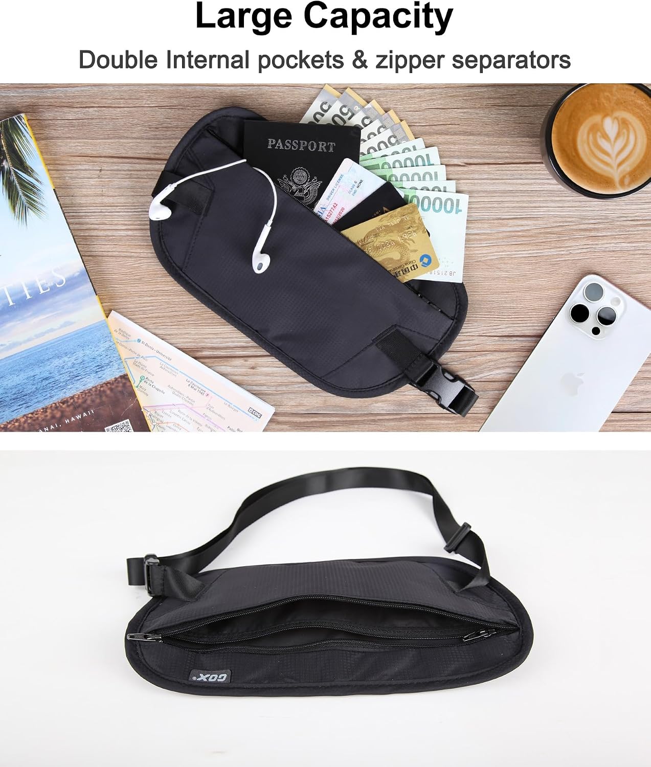 GOX Money Belt for Men Travel, Black-L