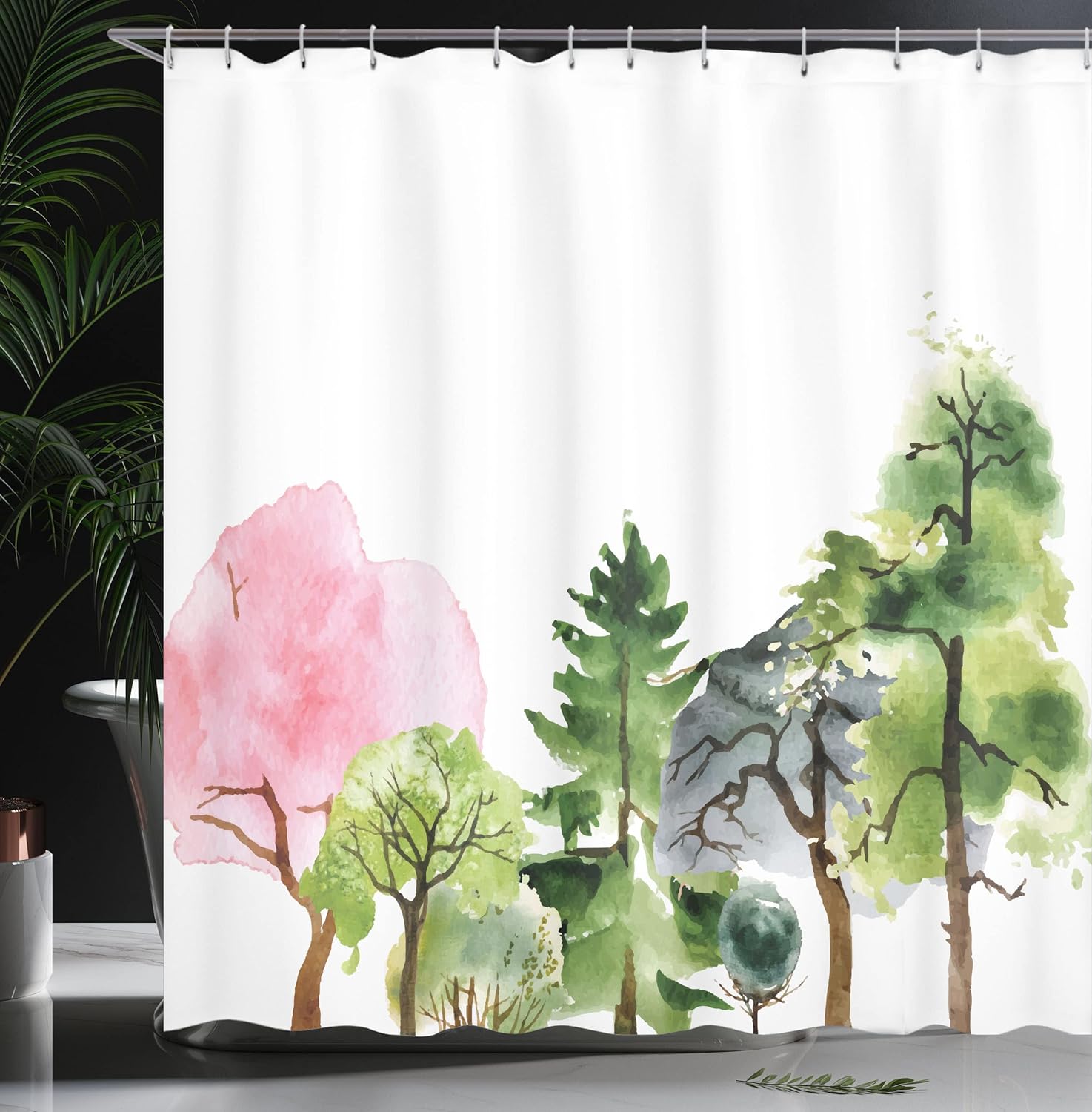 Ambesonne Forest Shower Curtain, Colorful Forest with Oak and Willow Growth Purity Nobility in Mother Earth Theme Art, Cloth Fabric Bathroom Decor Set with Hooks, 69" W x 75" L, Green Pink