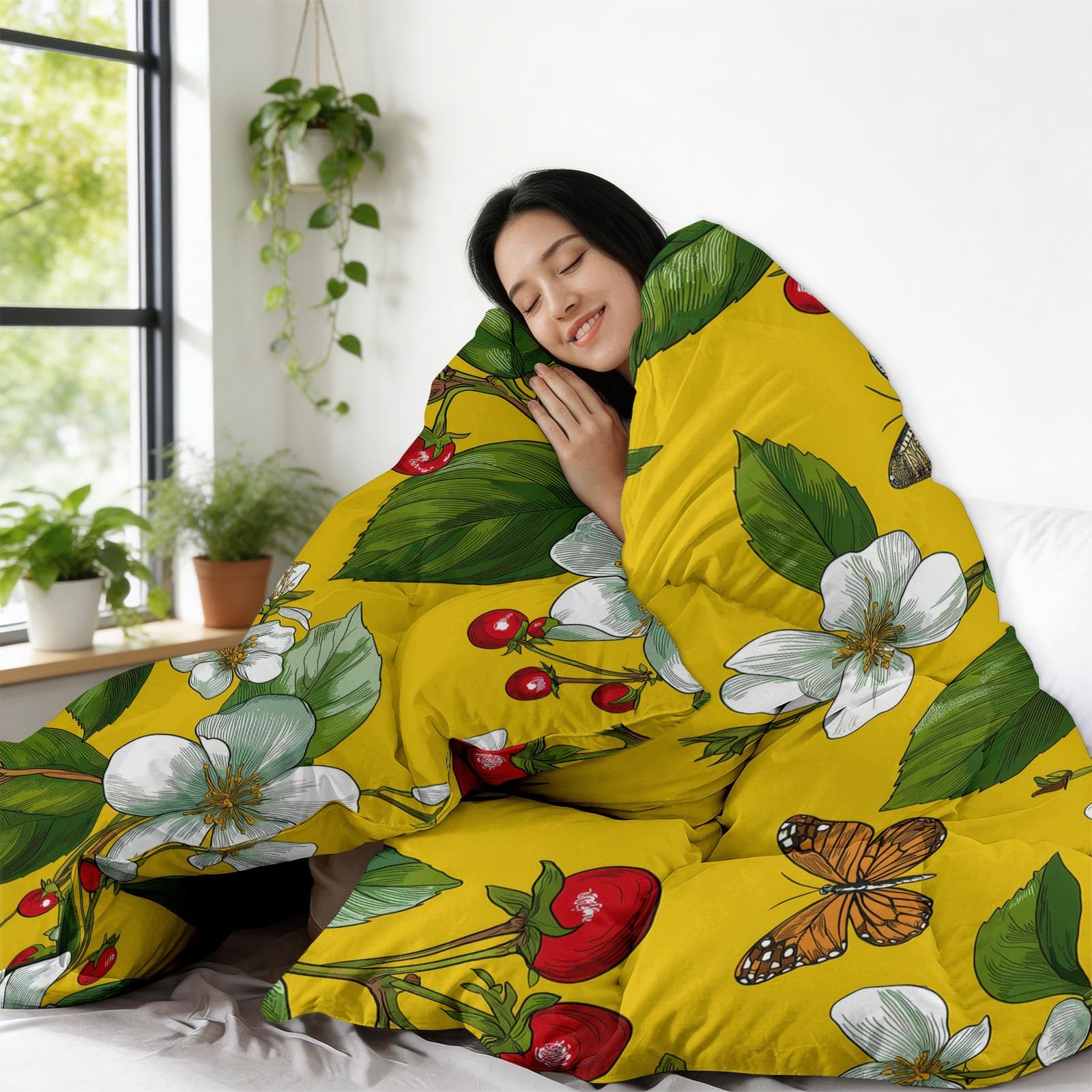 Marienkäfer Schmetterling Beeren Bettdecke 155 x 220 cm 4 Jahreszeiten Steppdecke, Tropischer Stil Waschbare Ganzjahresdecke Kinder Bettwaren Set Babyzimmer Kinderzimmer Bettdecke Ohne Bezug