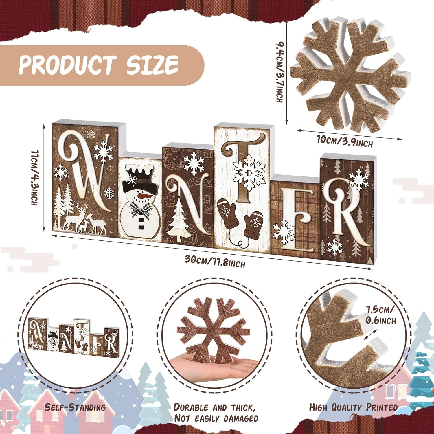 Yousoontic 2 Pcs Winter Table Decor Snowman Christmas Table Centerpieces Brown Snowman Tiered Tray Decor Snowflake Block Signs Winter Rustic Decorations for Home Kitchen Office Shelf