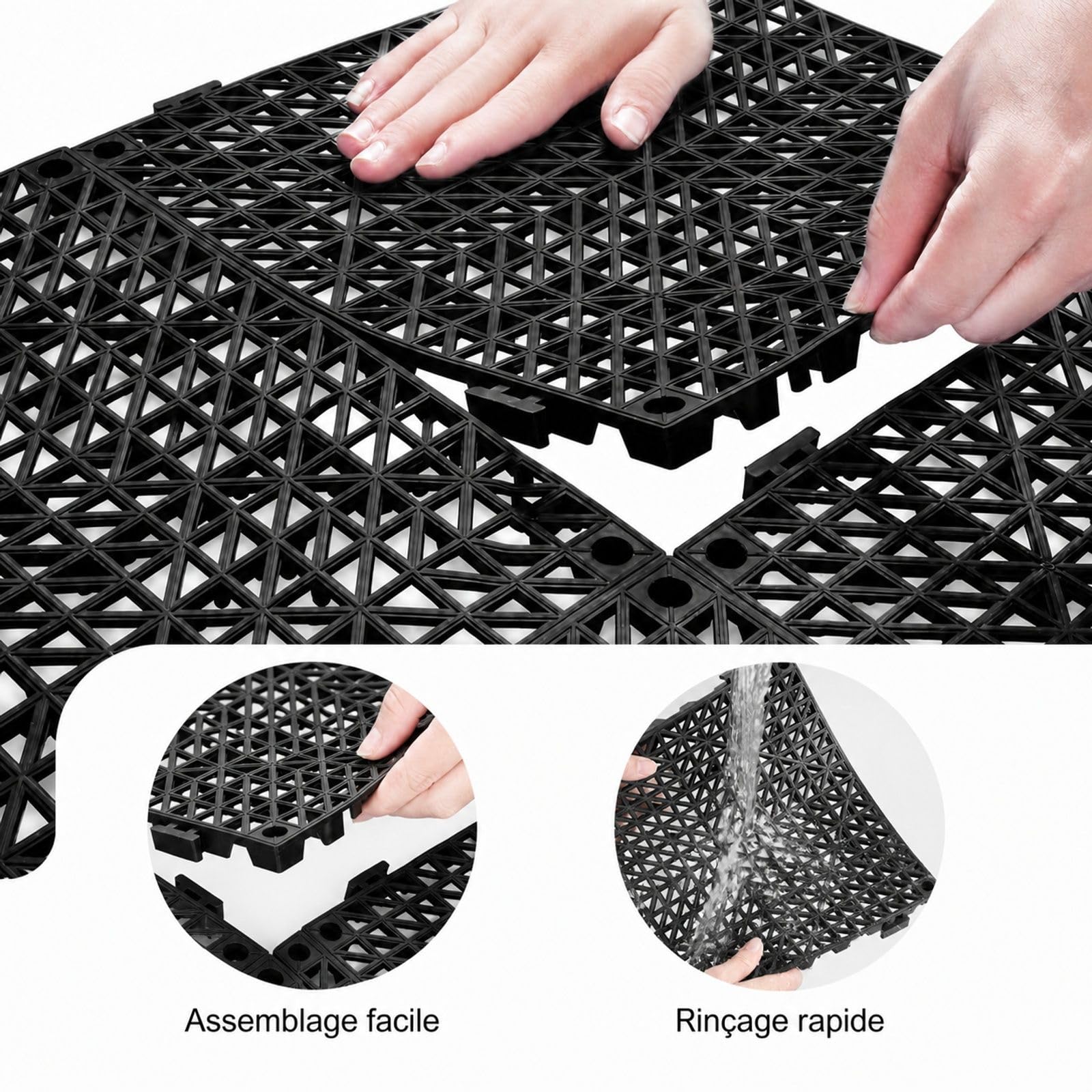 Lot de 12 dalles de sol en PVC noir, dalles clipsables ajourées pour jardin, piscine, terrasse, cuisine et salle de bain