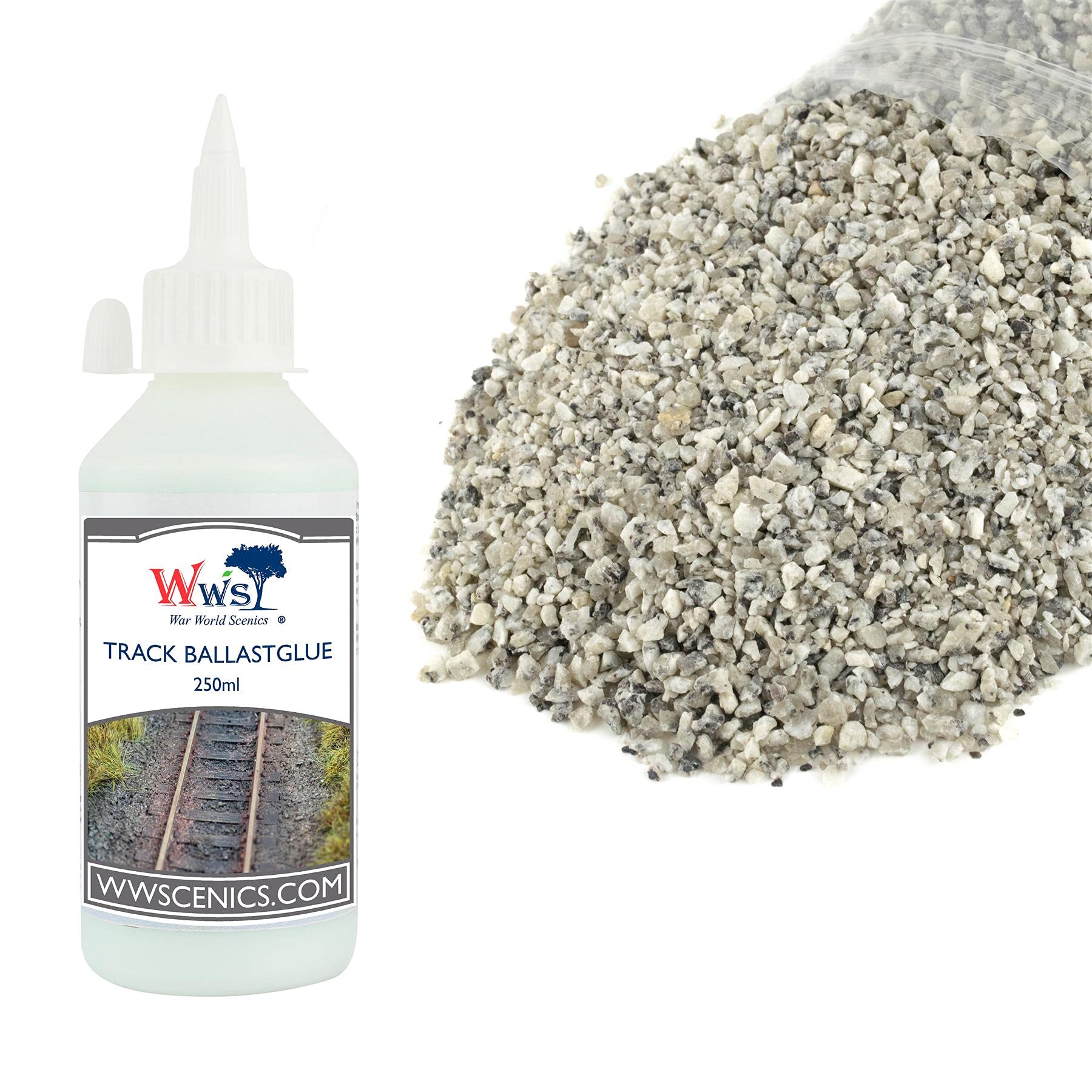 War World Scenics 500g Ballast & 250ml Glue Kit for Model Rail Tracks – Medium Grade Mixed Grey — image 1