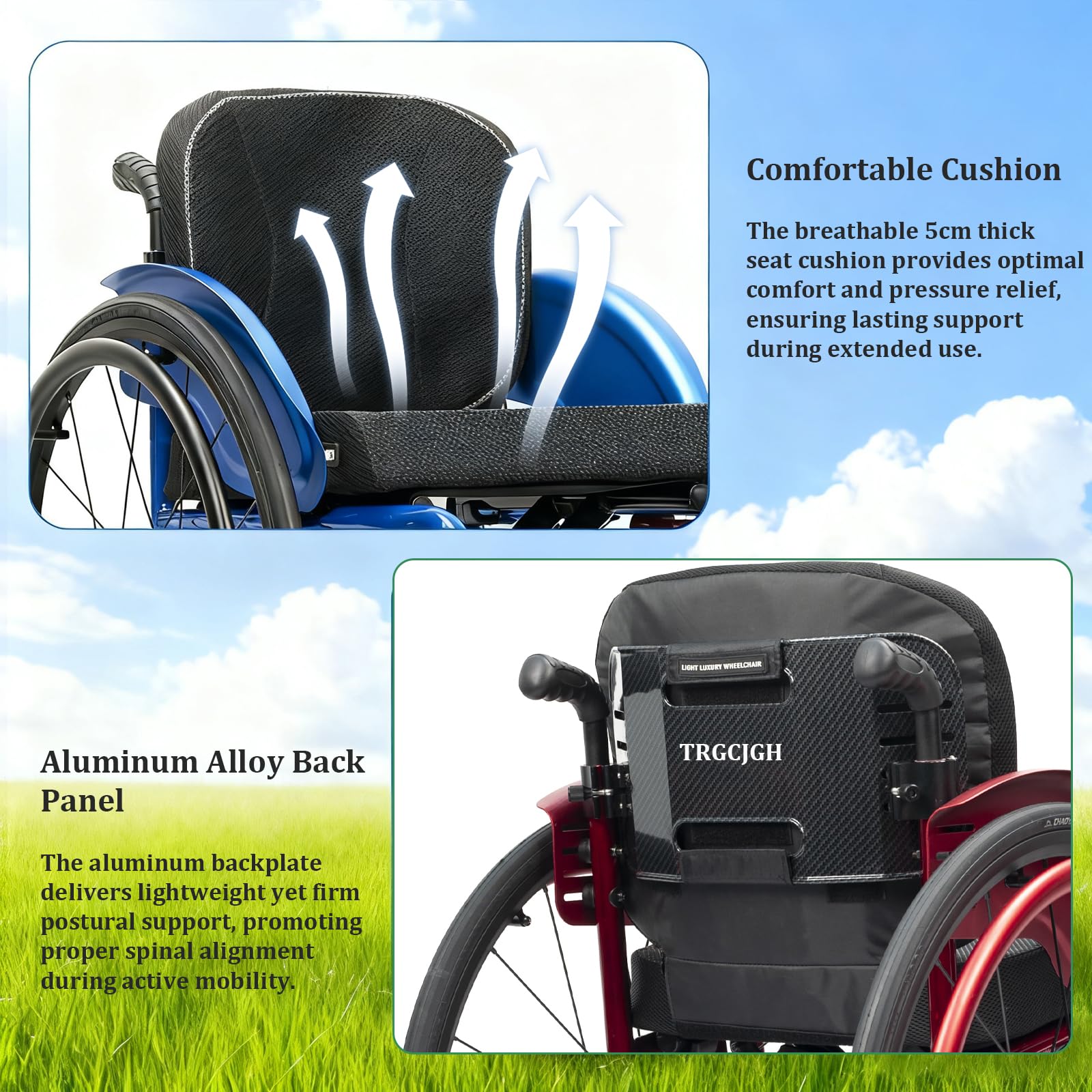Sedia A Rotelle Reclinabile Pieghevole, Alluminio, Cintura di Sicurezza, Sgancio rapido, Freno Manuale,Poggiapiedi Pieghevoli(42cm/16.5in Seat,Red)