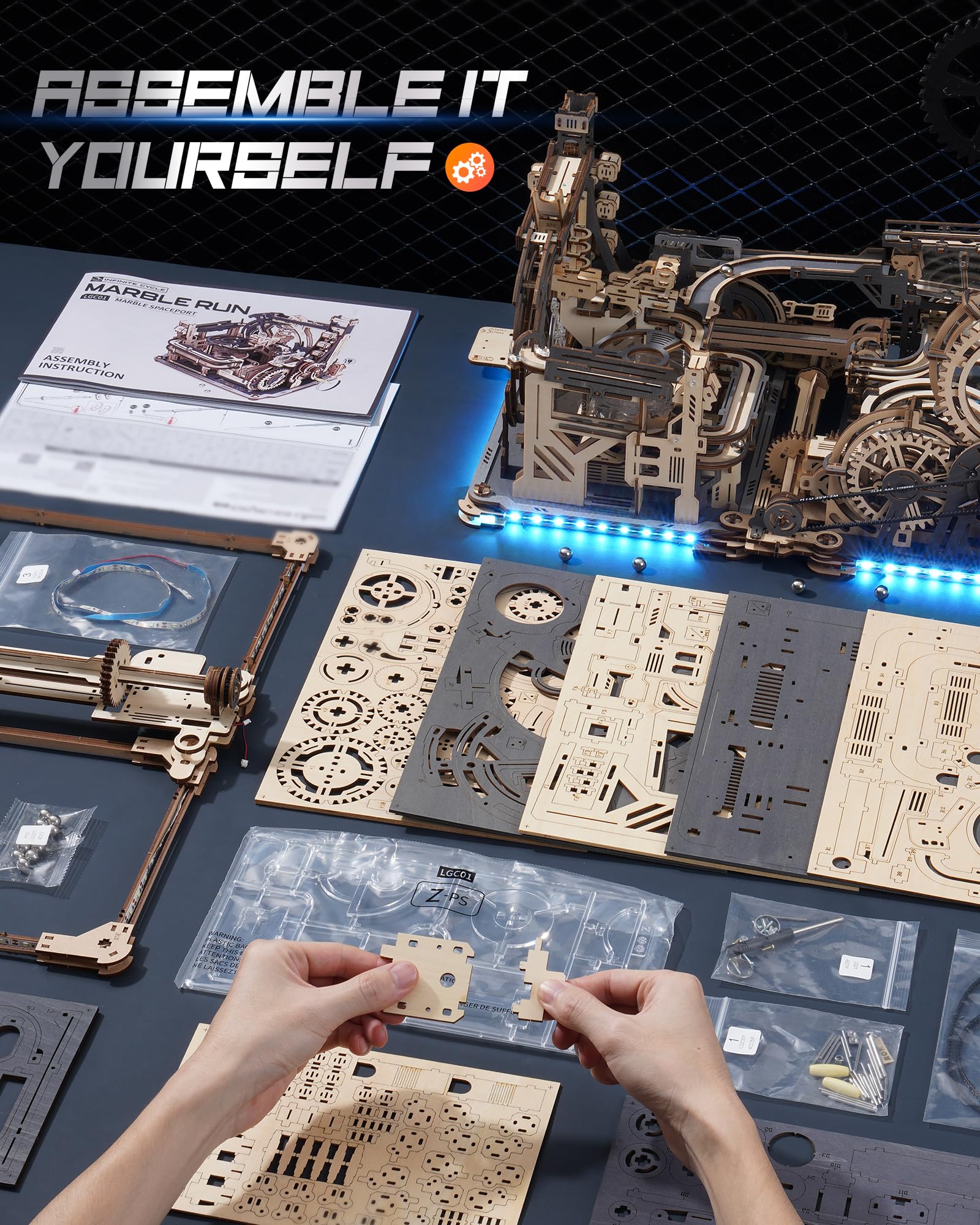 Rompecabezas 3D para adultos - Juego de construcción de carreras de mármol, kits de modelo de madera, puerto espacial de mármol+ciudad nocturna de mármol+paquete de enlaces 9