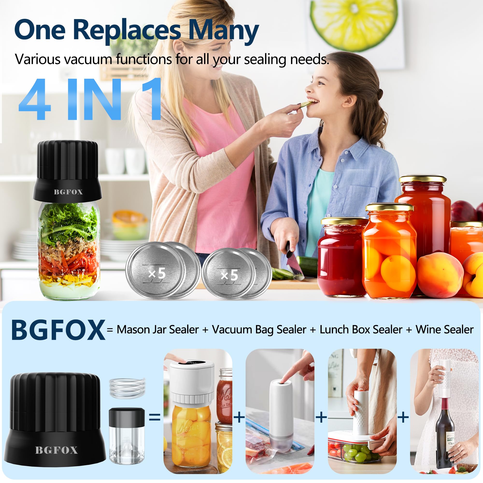 BGFOX 3-in-1 Electric Vacuum Sealer for Wide and Regular Mouth Mason Jars Vacuum Bag & Wine Freshness, Rechargeable Mason Jar Vacuum Sealer Kit with LCD, 10 Jar Lids, 48 labels, Stopper & Lid Opener