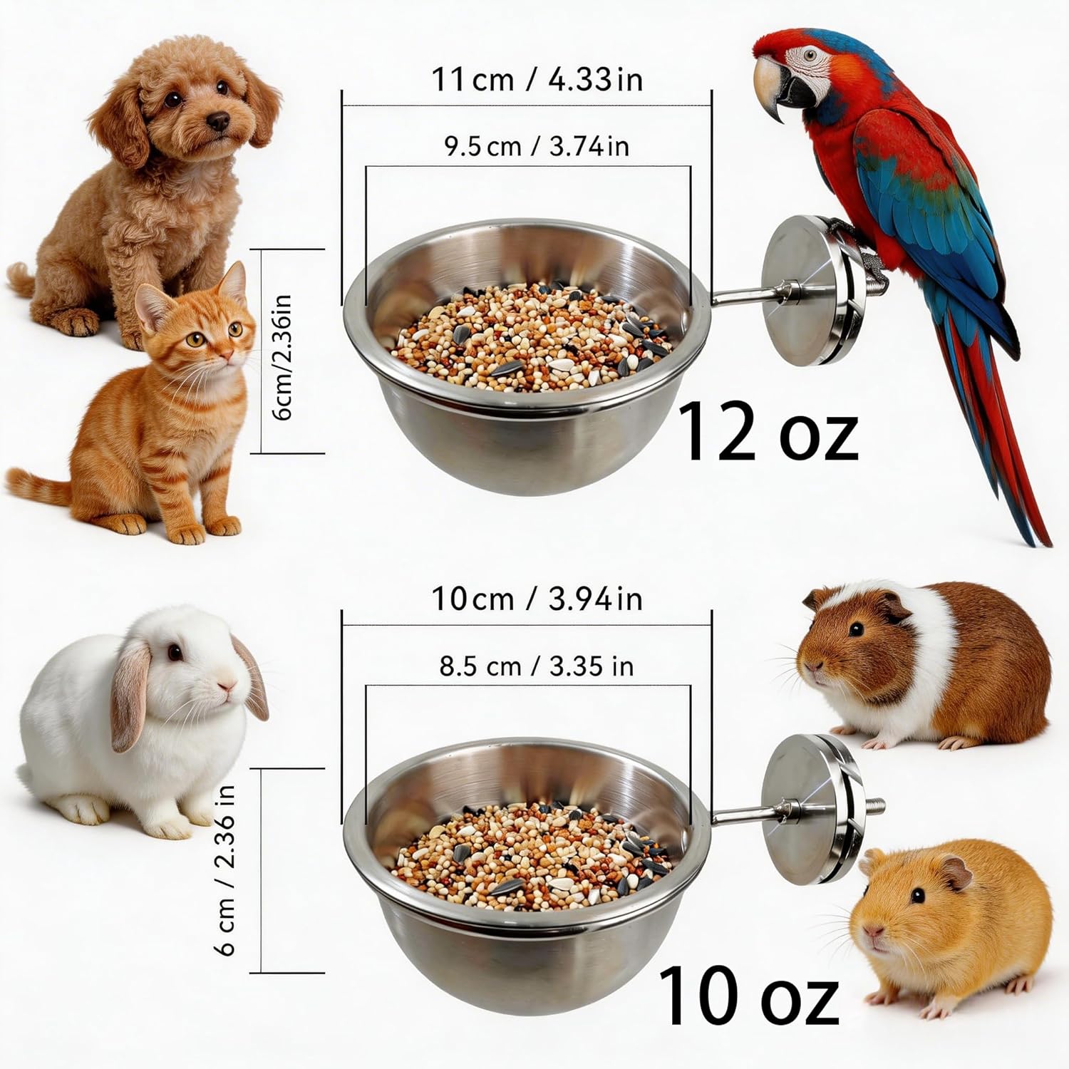 AOTU Dog Bowls Water Bowl for Dog Crate Cat Bowls Stainless Steel Food or Water Bowl with Clamp Holder No-Fall Design, Rust-Resistant, for Dogs, Cats, Hamster, Parrot, Bunny Small Animal Water Bowl