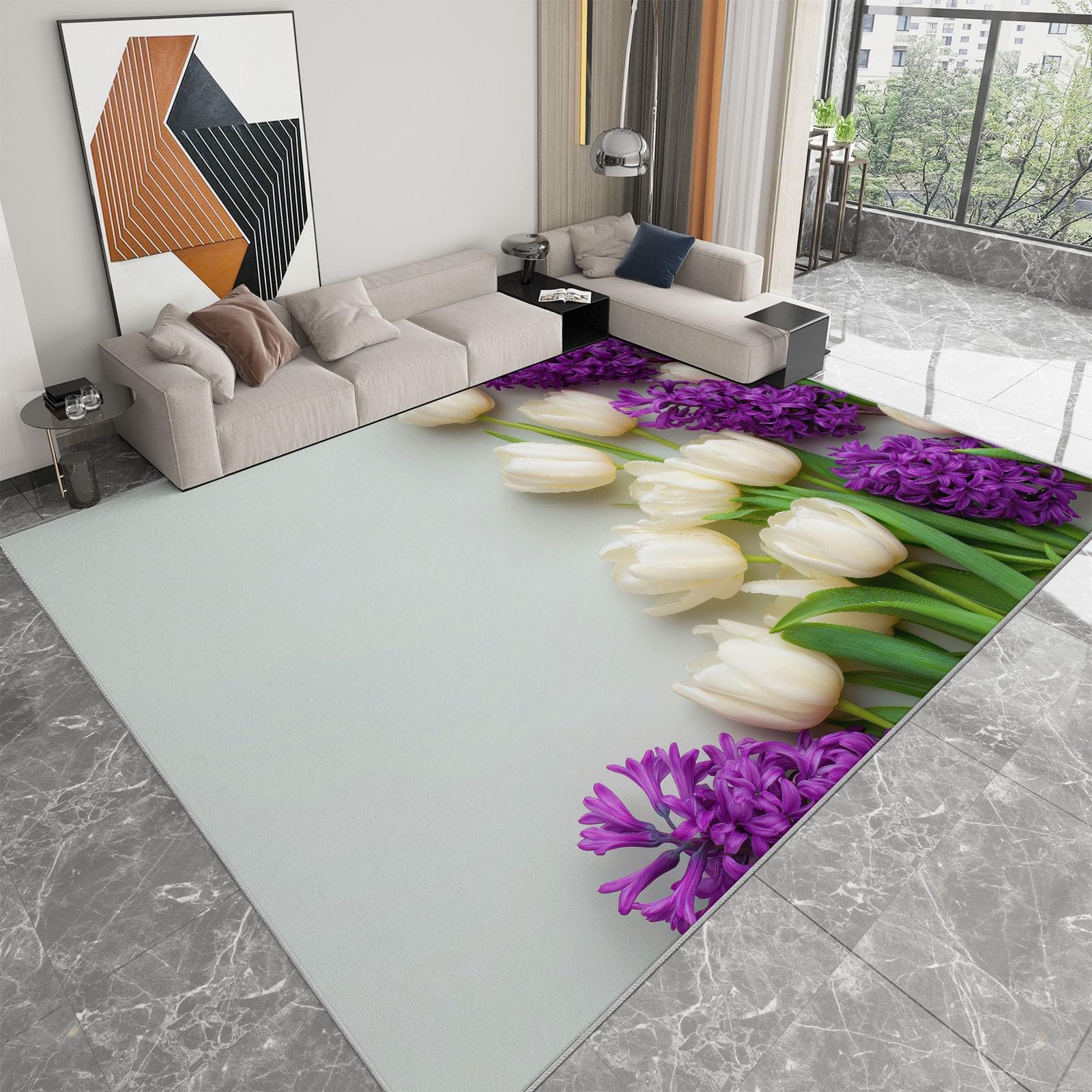 Teppich Wohnzimmer Tulpen Hyazinthen 60x120cm Großer Flauschiger Kurzflor Teppich, Waschbarer Moderner rutschfest Teppiche für Esszimmer Küchen Schlafzimmer