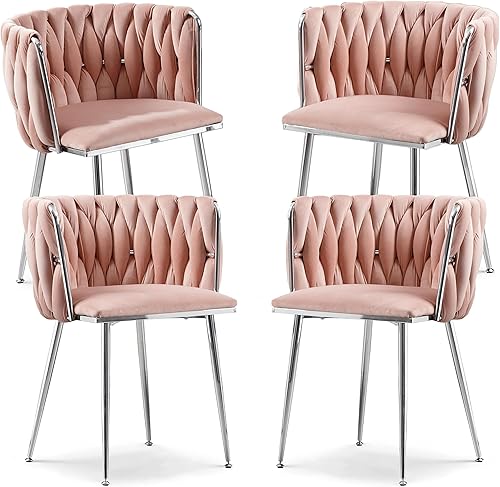 Miniatura 27 de Juego de 2 sillas de comedor de terciopelo, sillas laterales tapizadas tejidas con patas de metal plateado, Sillas de Comedor 2, sillas decorativas