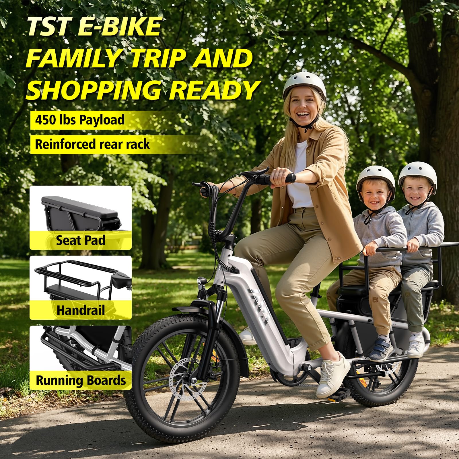TST Bicicleta Eléctrica para Adultos con Asiento Trasero y Control por App, Bicicleta Cargo 20" Llantas Fat Batería 48V 15Ah 250W Autonomía 60KM Carga 204kg, Portaequipajes, Suspensión, Cuadro Bajo