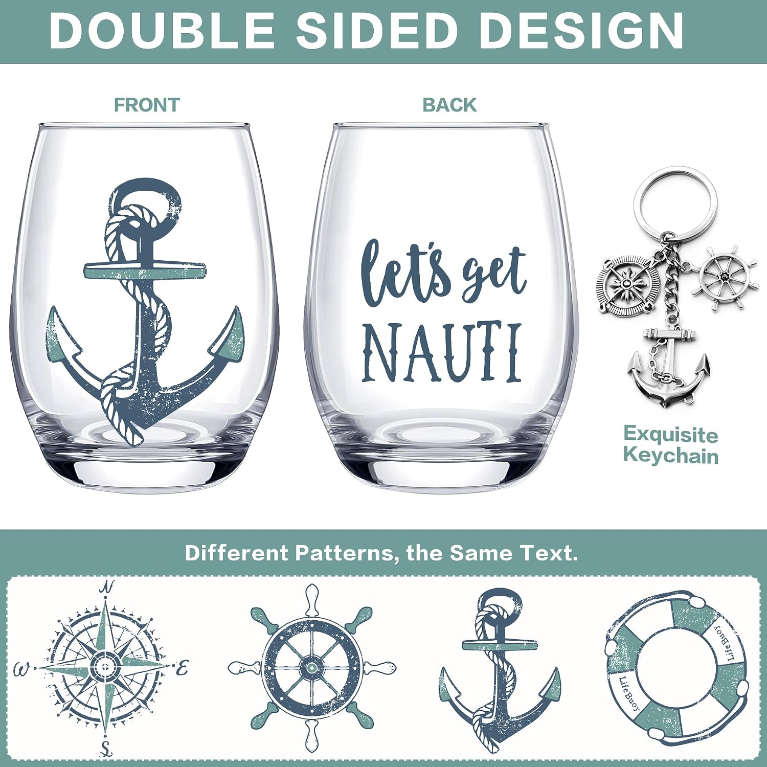 4 PCS Nautical Stemless Wine Glasses with Keychain,Gift for Boater,17 OZ Beach Glasses Anchor Compass Helm Life Ring Coastal Gift for Birthday,Party,Pool,Mothers Day,Dishwasher Safe