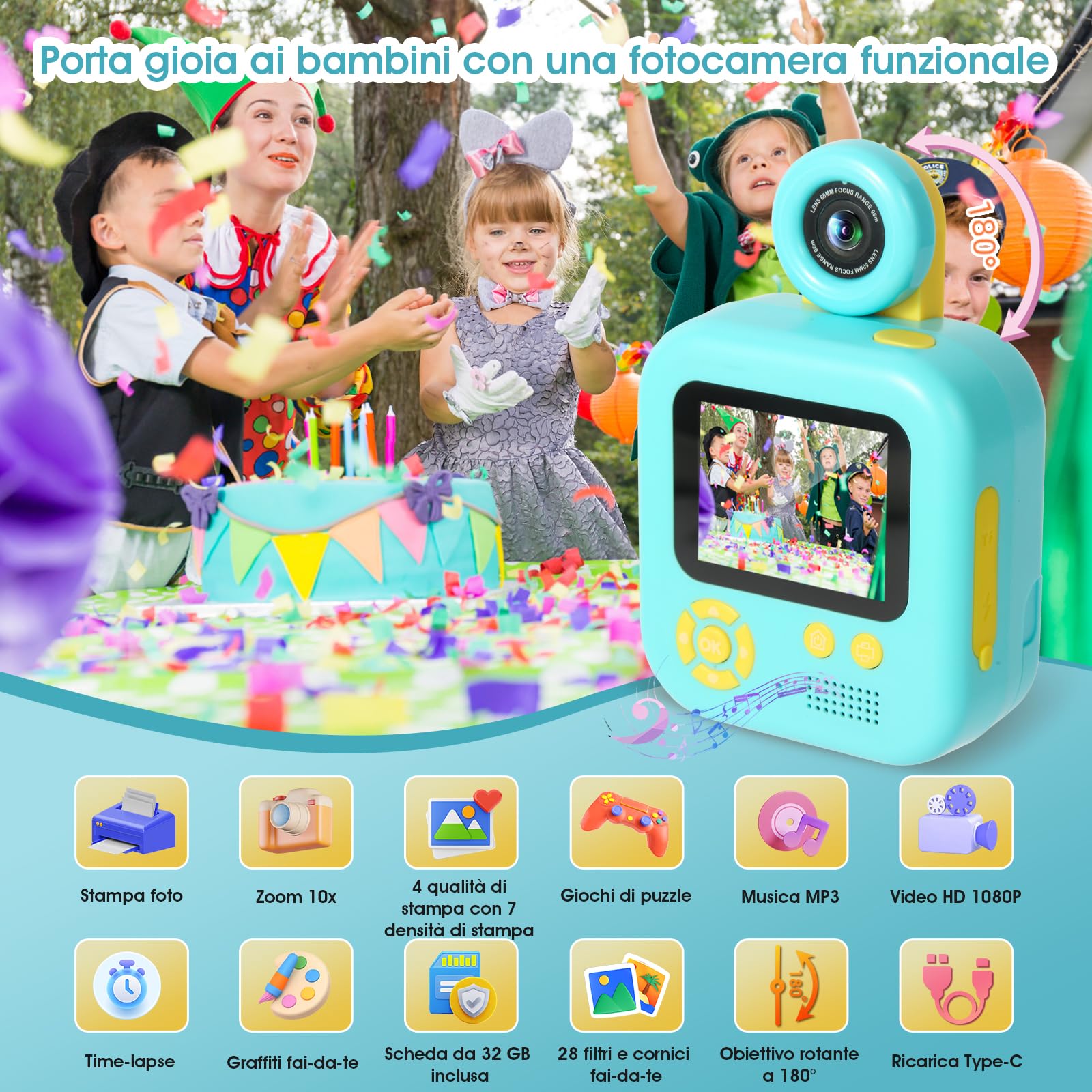 Macchina Fotografica Bambini Istantanea, ZUEOKAI 2,4" Fotocamera Istantanea Bambini con 180° Flip Obiettivo e 3 Stampa Carta, Fotocamera bambini con 32GB, Regalo Bambina Bambino 3 4 5 6 7 8 9 10 anni