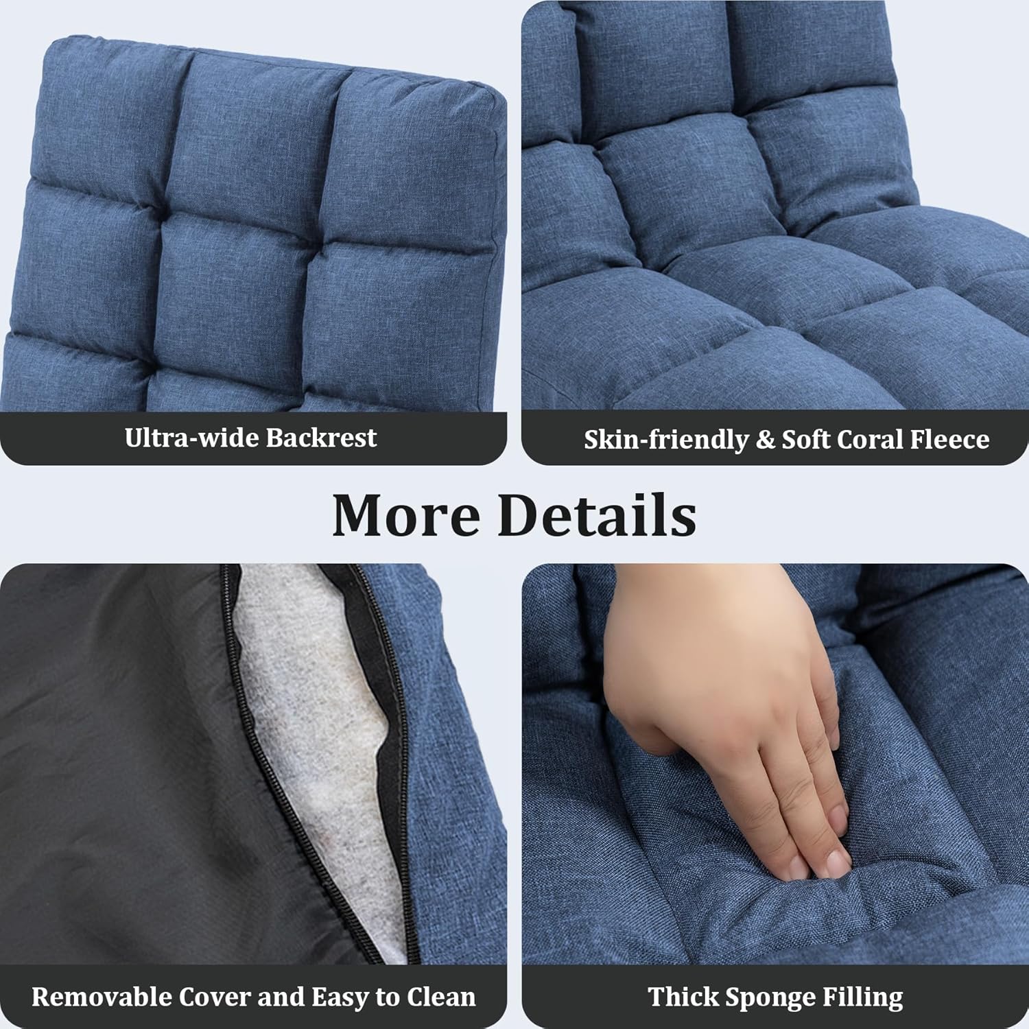 Folding Floor Gaming Chair with Back Support, 14-Position Adjustable Recliner - Padded Cushion with Breathable Linen & Cotton Blend for Adults & Kids, Perfect for Gaming, Reading & Meditation (Blue)