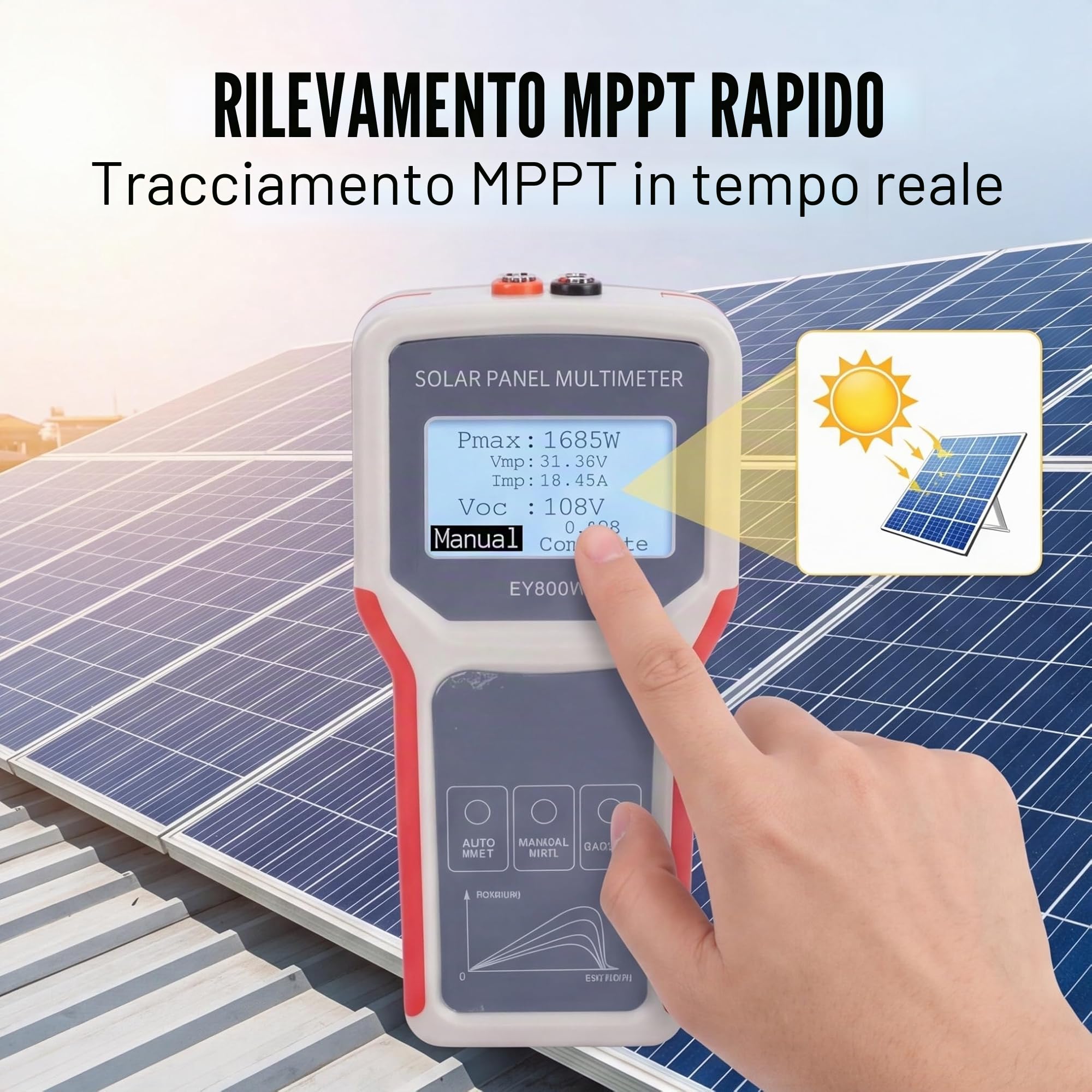 Sxhlseller Tester per Pannelli Solari 5-800 W, 12-60 V 0-35 A MPPT Multimetro Fotovoltaico con Display LCD per la Misurazione Manuale o Automatica della Potenza dei Componenti del Fotovoltaico