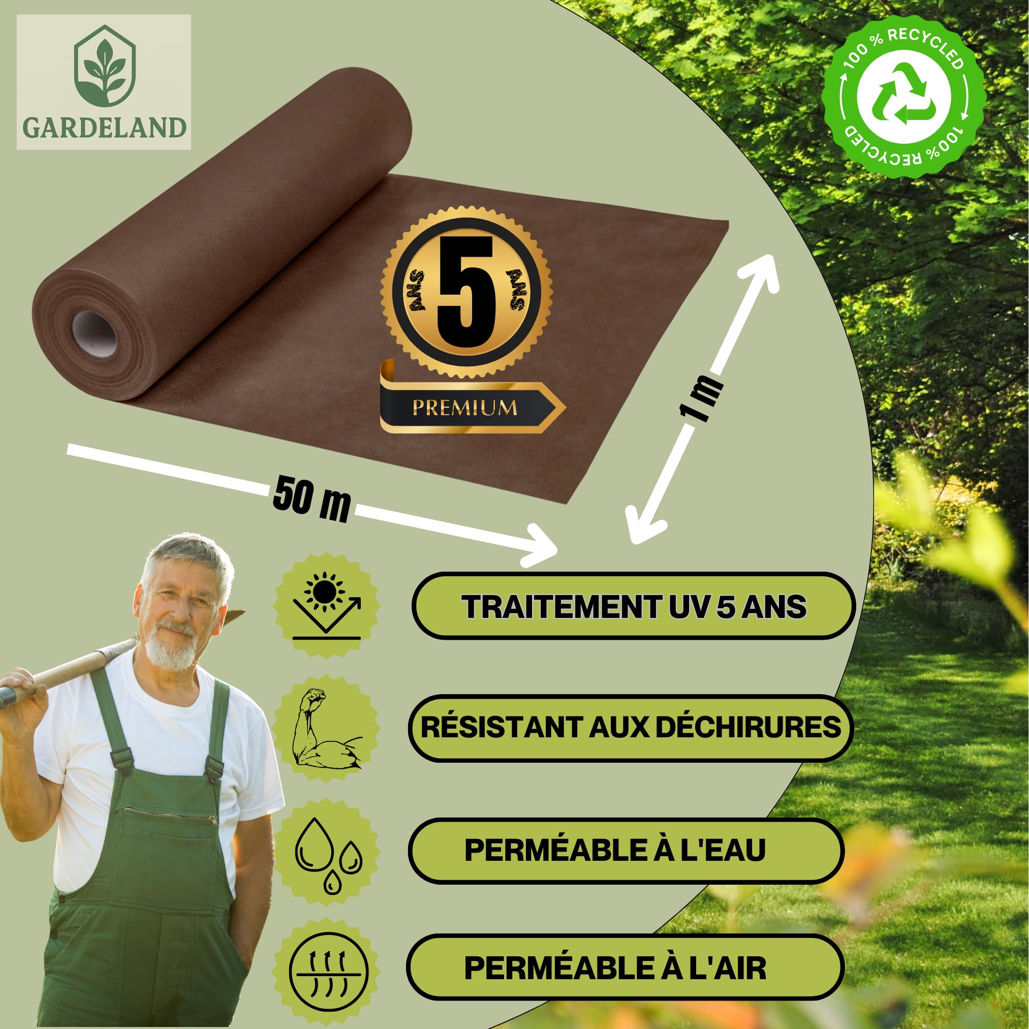 Toile de Paillage Marron Géotextile Non Tisse -Premium 5 Ans Protection UV- Rouleau de 50 Mètre x 1 Mètre -Toile Anti Mauvaises Herbes 90gr/m2 - NE S'EFFILOCHE Pas à la Coupe Fabriqué en UE