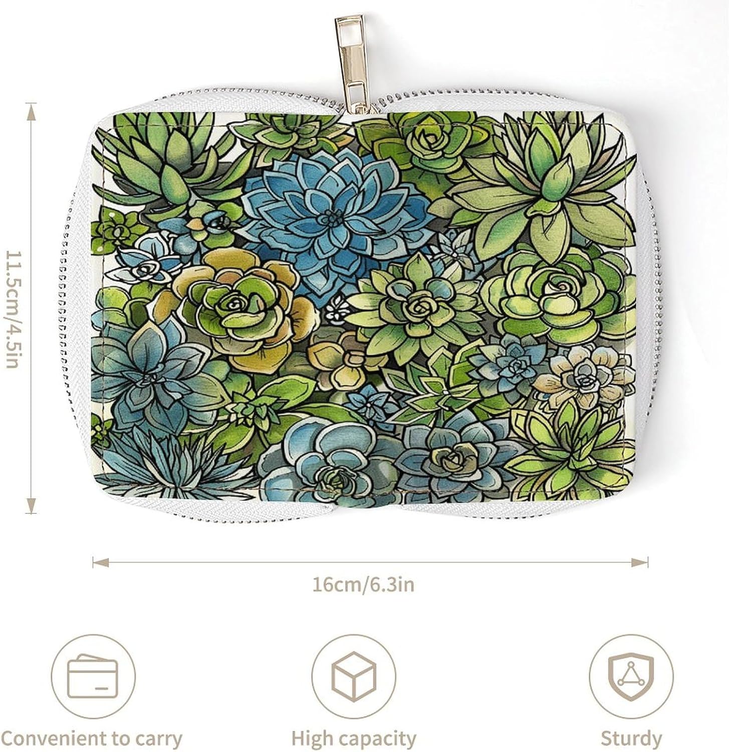 Leather Card Organizer Case Card Wallet Credit Card Holder Green Succulent Picture Printed Zipper Card Cases Holder for Women Men