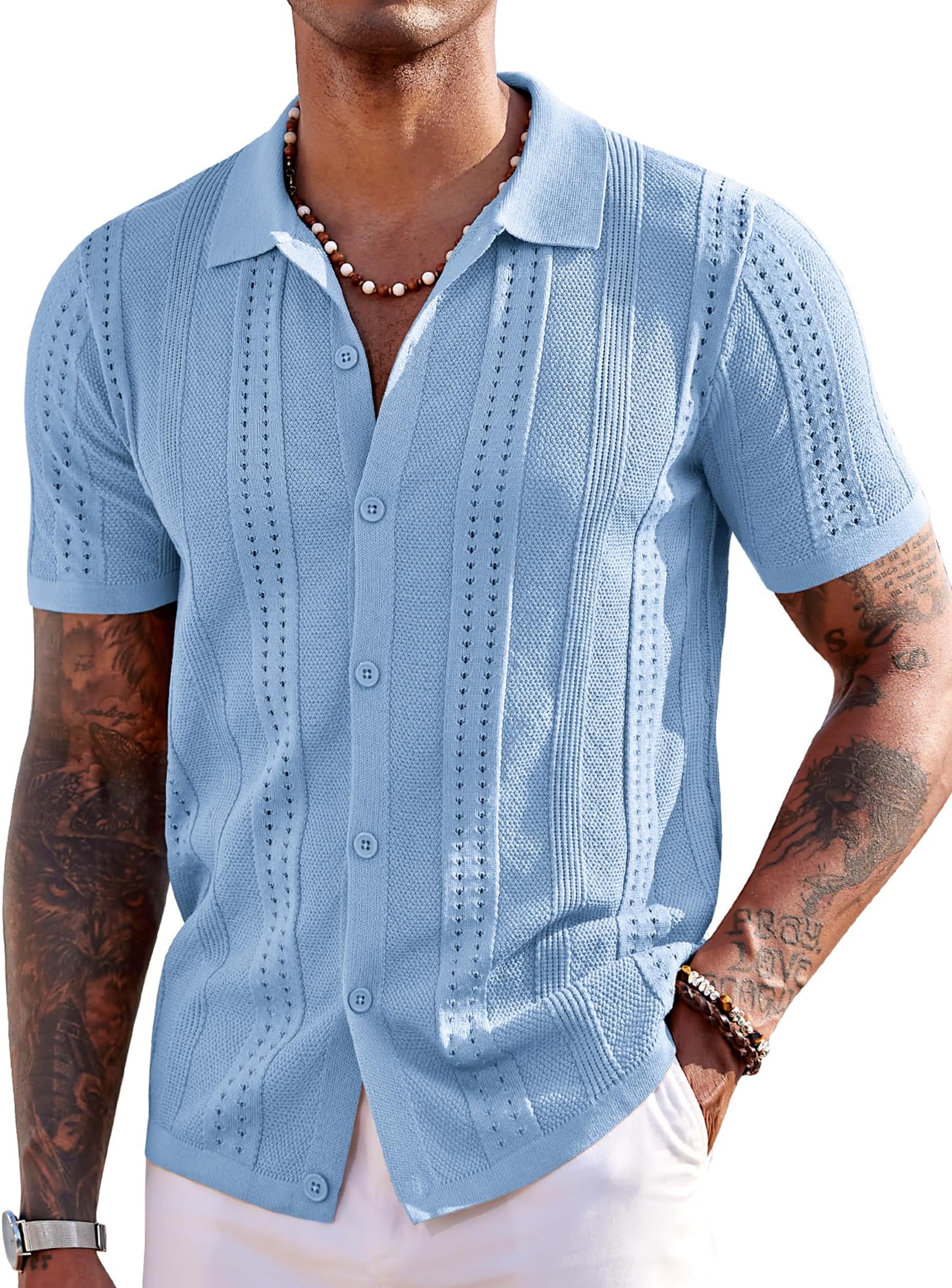 Men's Knit Shirts Short Sleeve Button Down Polo Shirt Fashion Casual Summer Beach Shirts