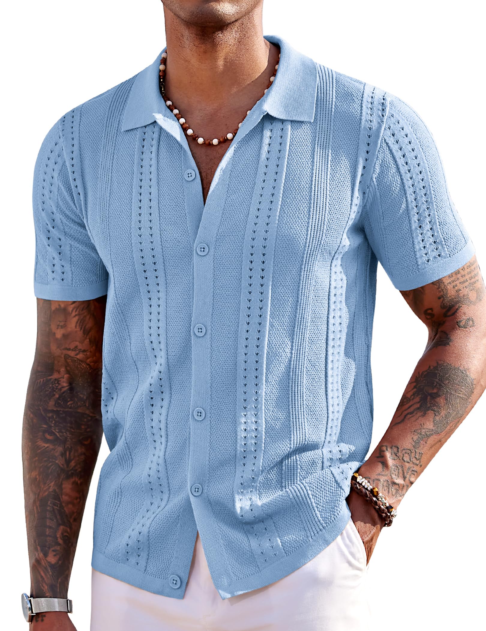 Men's Knit Shirts Short Sleeve Button Down Polo Shirt Fashion Casual Summer Beach Shirts