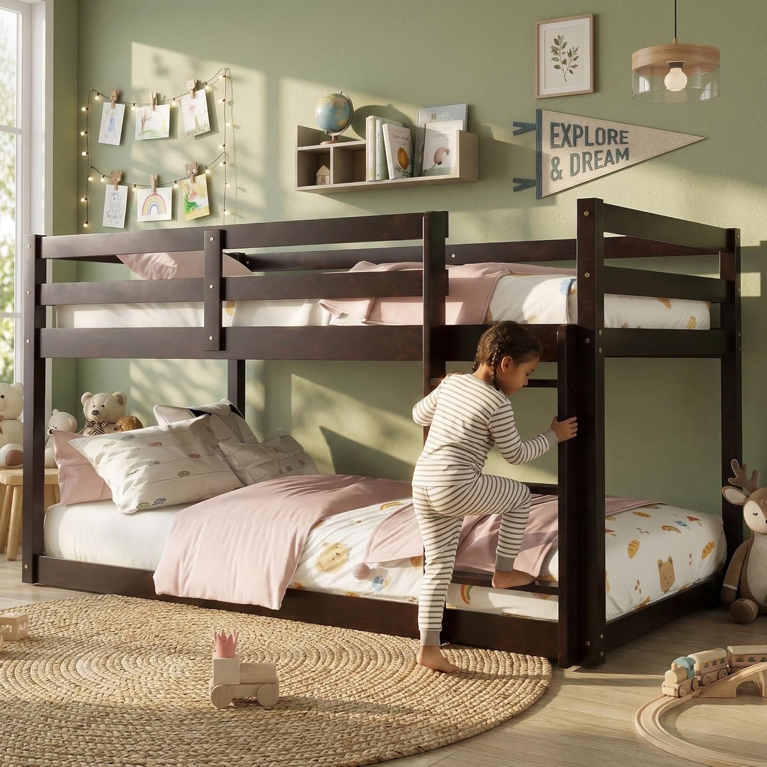 Low Bunk Beds Twin Over Twin for Kids,Solid Rubber Wooden Floor Bunk Bed Frame Junior Loft Bed for Boys Girls Teens, Espresso