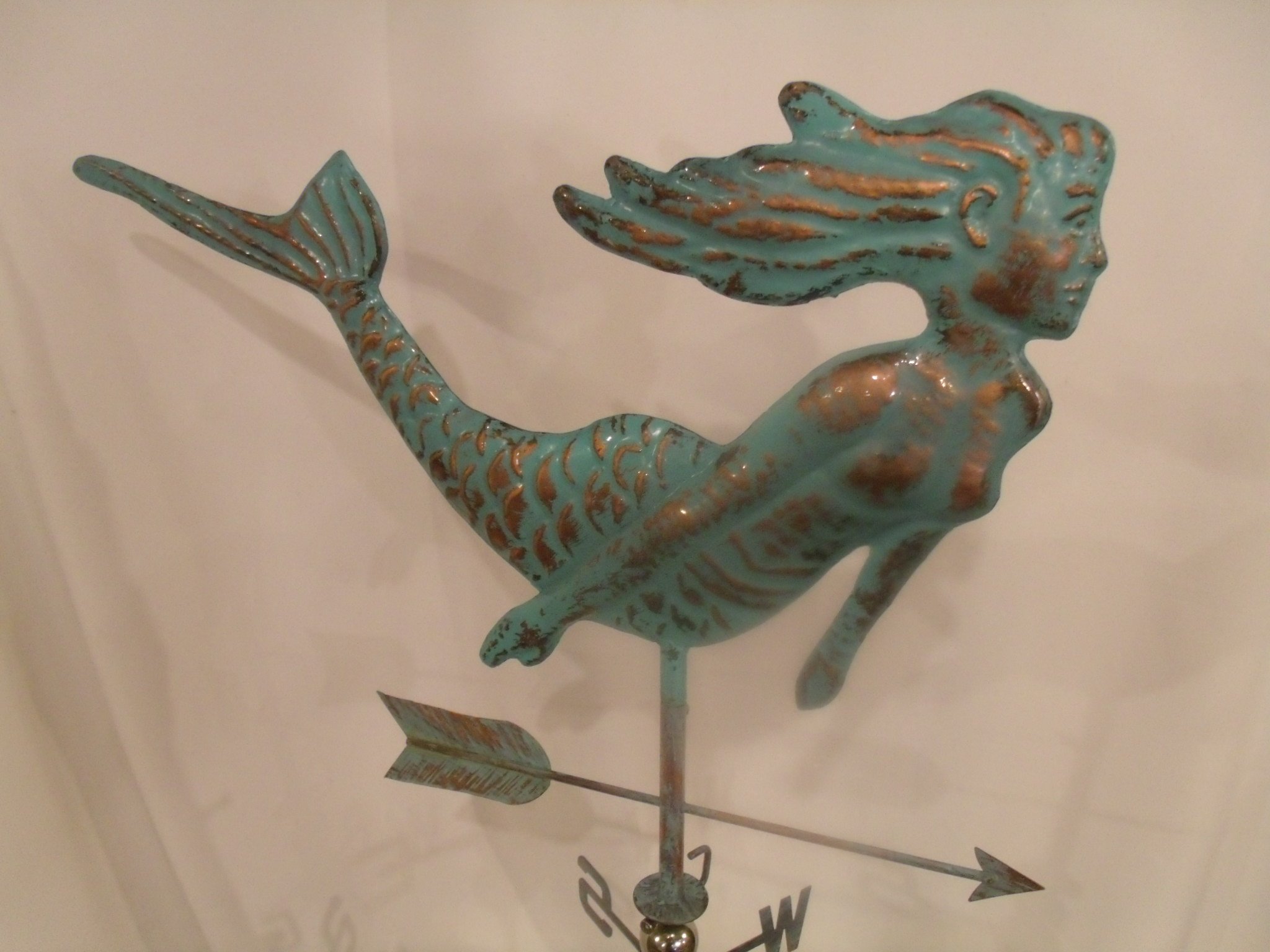 Furniture Barn USA Large Handcrafted 3D 3- Dimensional Mermaid Weathervane Copper Patina Finish