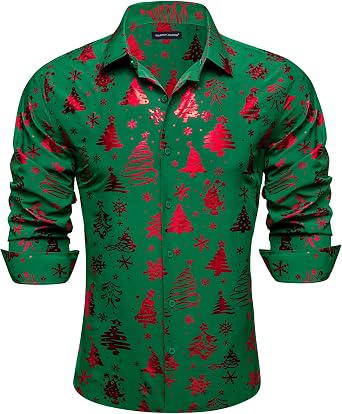 Barry.Wang Mens Christmas Shirts Xmas Shiny Holiday Long Sleeve Button Down Dress Shirts Funny Snowflake Tree Party