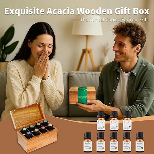 Miniatura 7 de Juego de aceites esenciales, caja de regalo de madera de acacia, mejora, energiza, refresca, los 8 mejores aceites de aromaterapia para difusor,