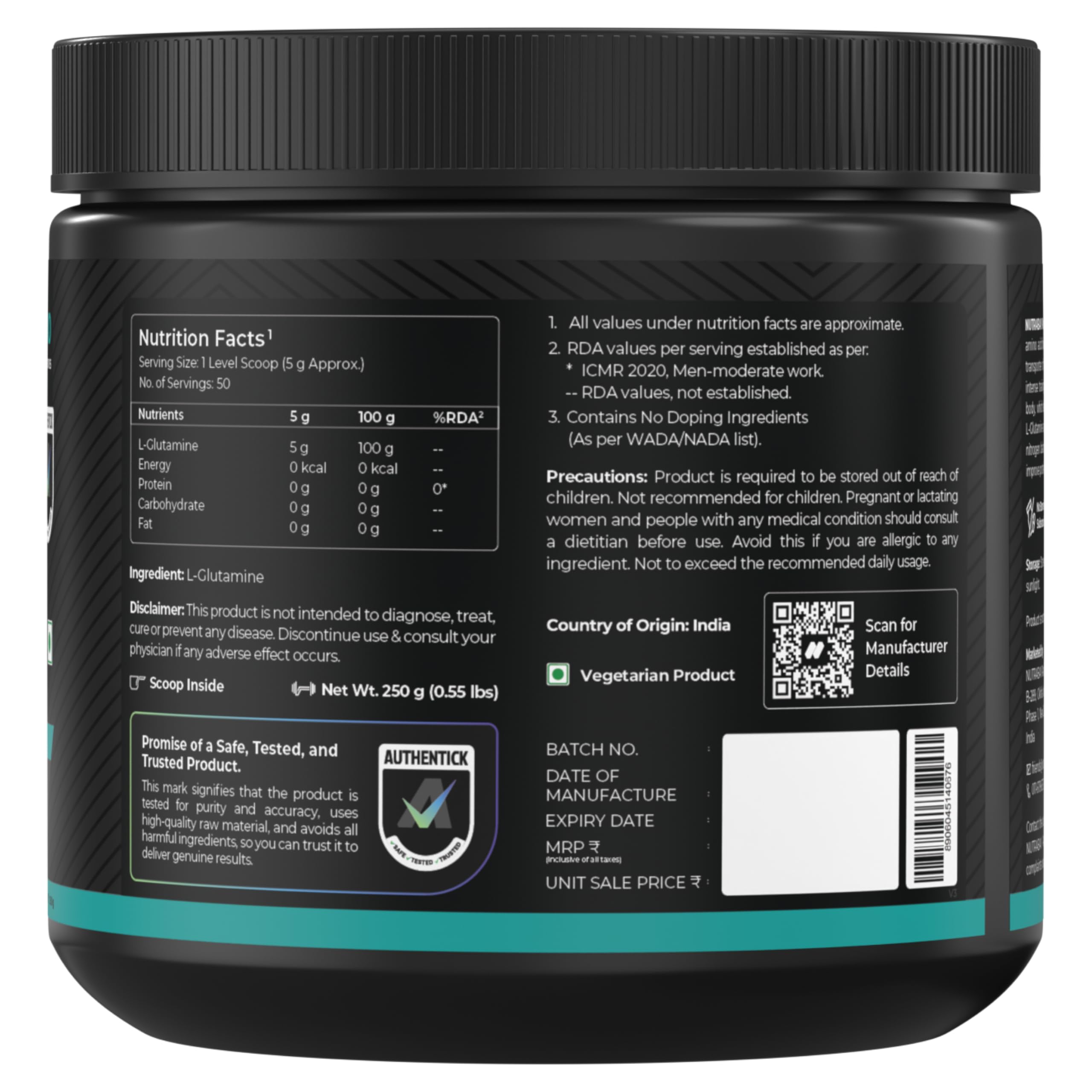 Nutrabay Pure L-Glutamine Powder 5000mg, Amino Acid - Post Workout Supplement for Muscle & Immunity Build Up - 250g, Unflavoured — Amazon image 7