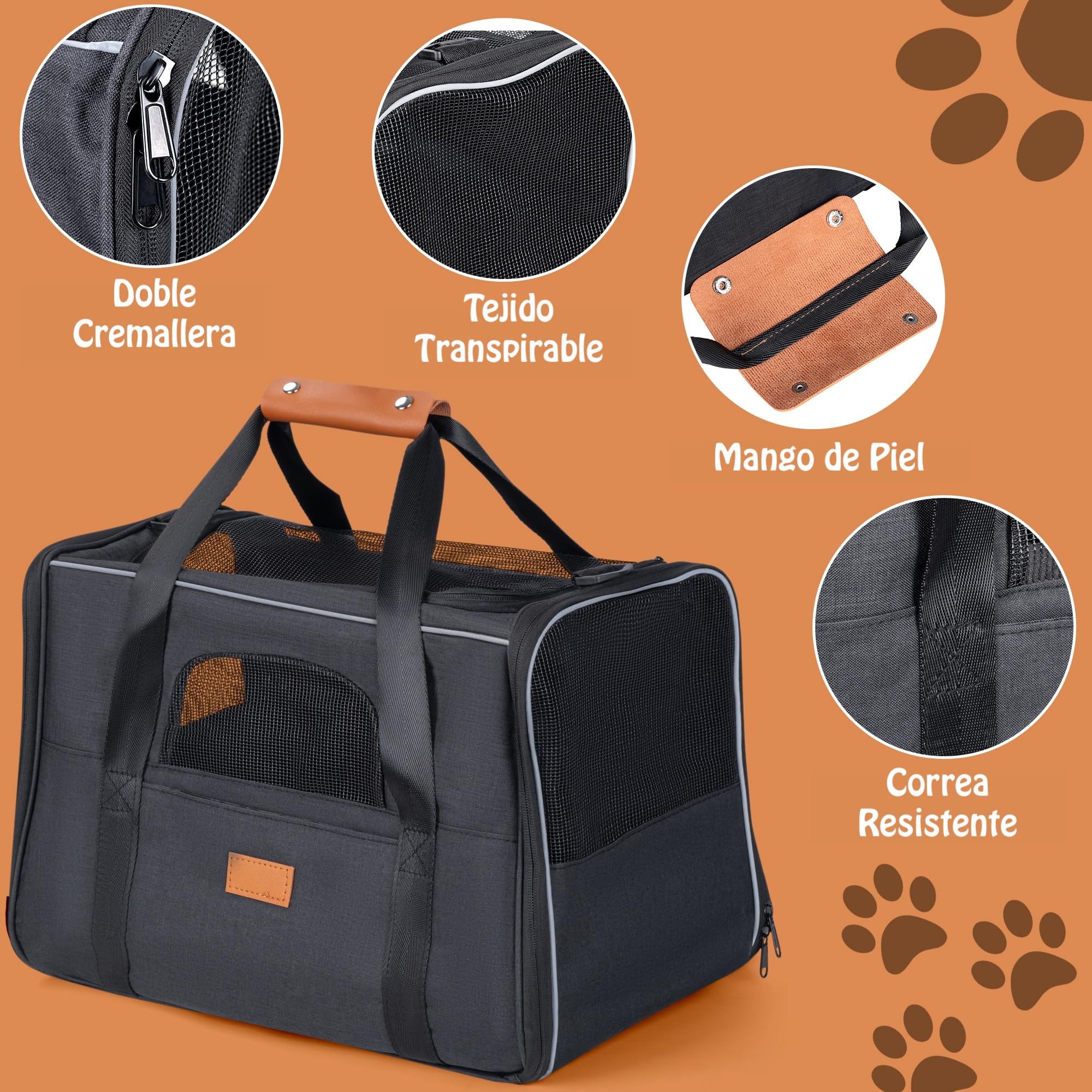 Transportin Perros y Gatos. Bolsa de Transporte Viaje Transpirable Mascotas. Bolso con colchón. Tres Puertas. Medidas 12x44x24cm. Aprobado por Las aerolíneas. Paseos, avión, Coche, Tren, Ciudad.