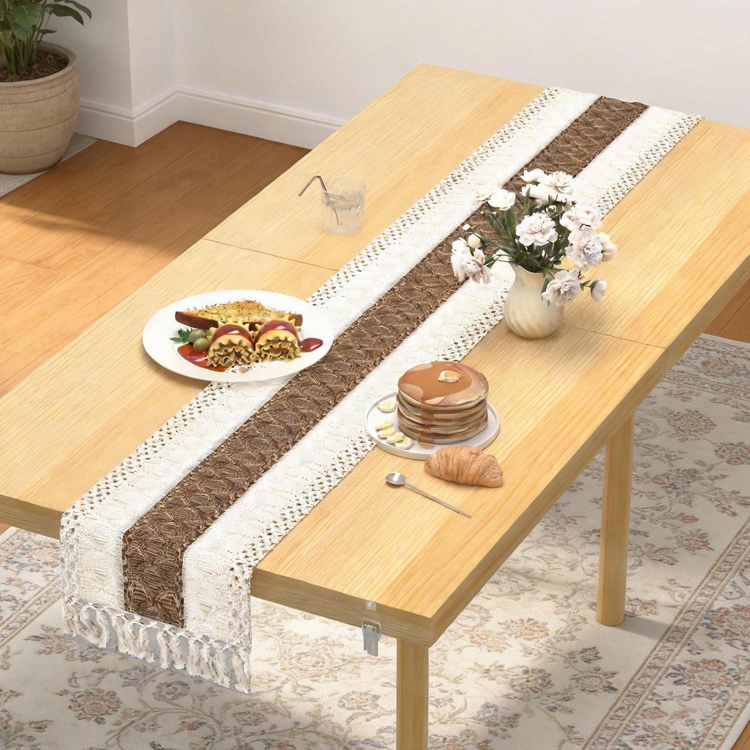 MELLCOM 60" x 30" Folding Picnic Table, Portable Wooden Low Table with Handle, 2 Heights Options (12.8"/16.9") & Long Table Runner, Boho Picnic Table for Beach, Camping & Indoor Study