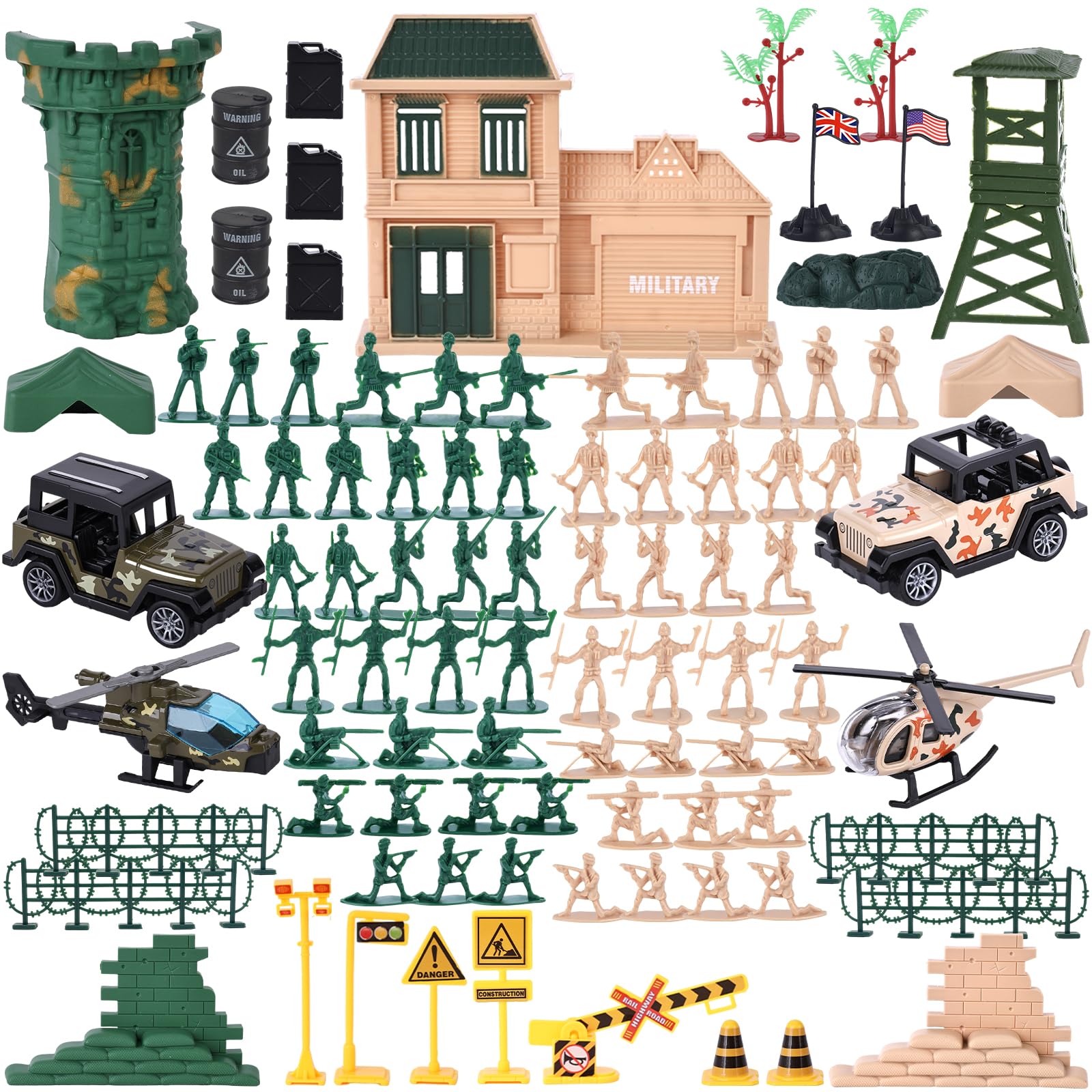 AMOR PRESENT 120PCS Army Men Playset, Toy Soldiers Plastic Army Men Action Figures and Accessories with Vehicles Helicopters for Boys Girls Birthday Gift