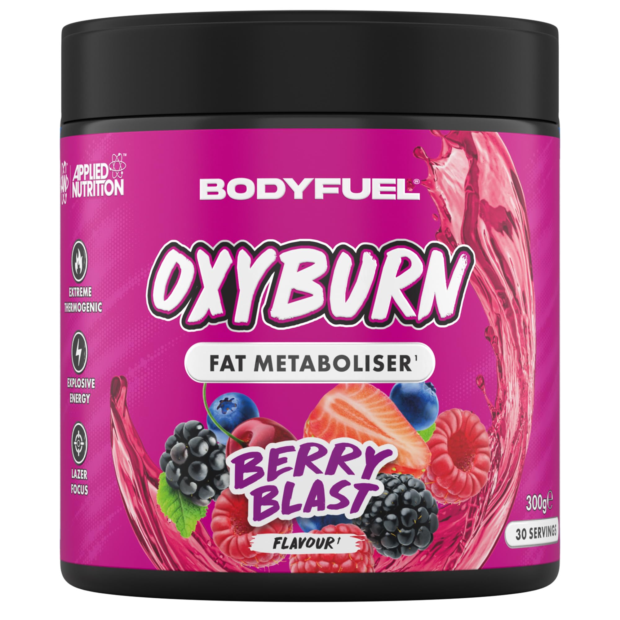 Applied Nutrition BodyFuel OxyBurn Thermogenic Powder - High Caffeine Fat Metaboliser with Green Tea L-Carnitine & Chromium, Energy Focus & Metabolism Support (300g – 30 Servings) (Berry Blast)