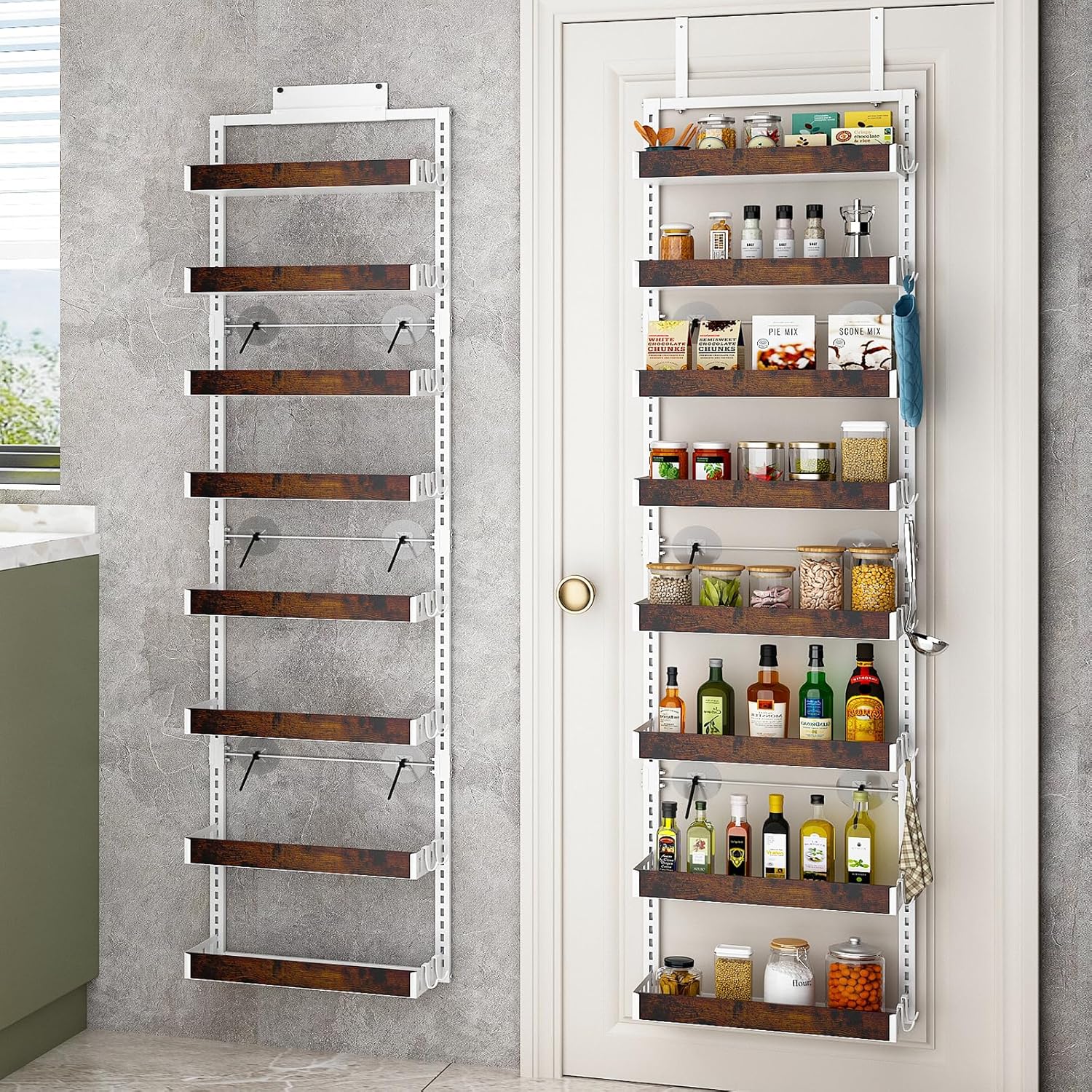 bukfen Over the Door Pantry Organizer, 8-Tier Adjustable Wooden Basket Kitchen Pantry Door Organization and Storage, 2 in 1 Wall Mount or Hanging Heavy-Duty Metal Hanging Kitchen Spice Rack,White