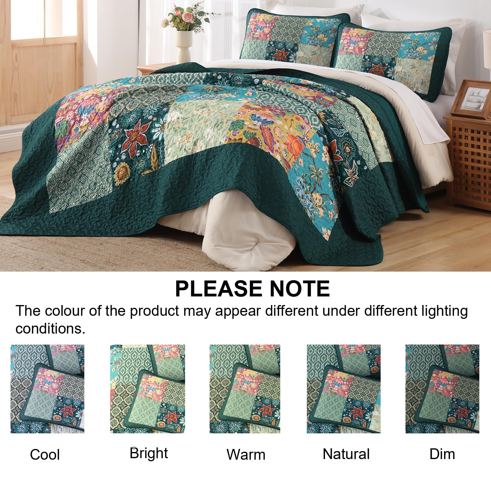 DJY Patchwork-Steppdecken-Set für King-Size-Betten, 3-teilig, grün, kariert, florales Muster, Boho-Türkis, rustikal, leicht, wendbar, für alle Jahreszeiten, 274 x 228 cm