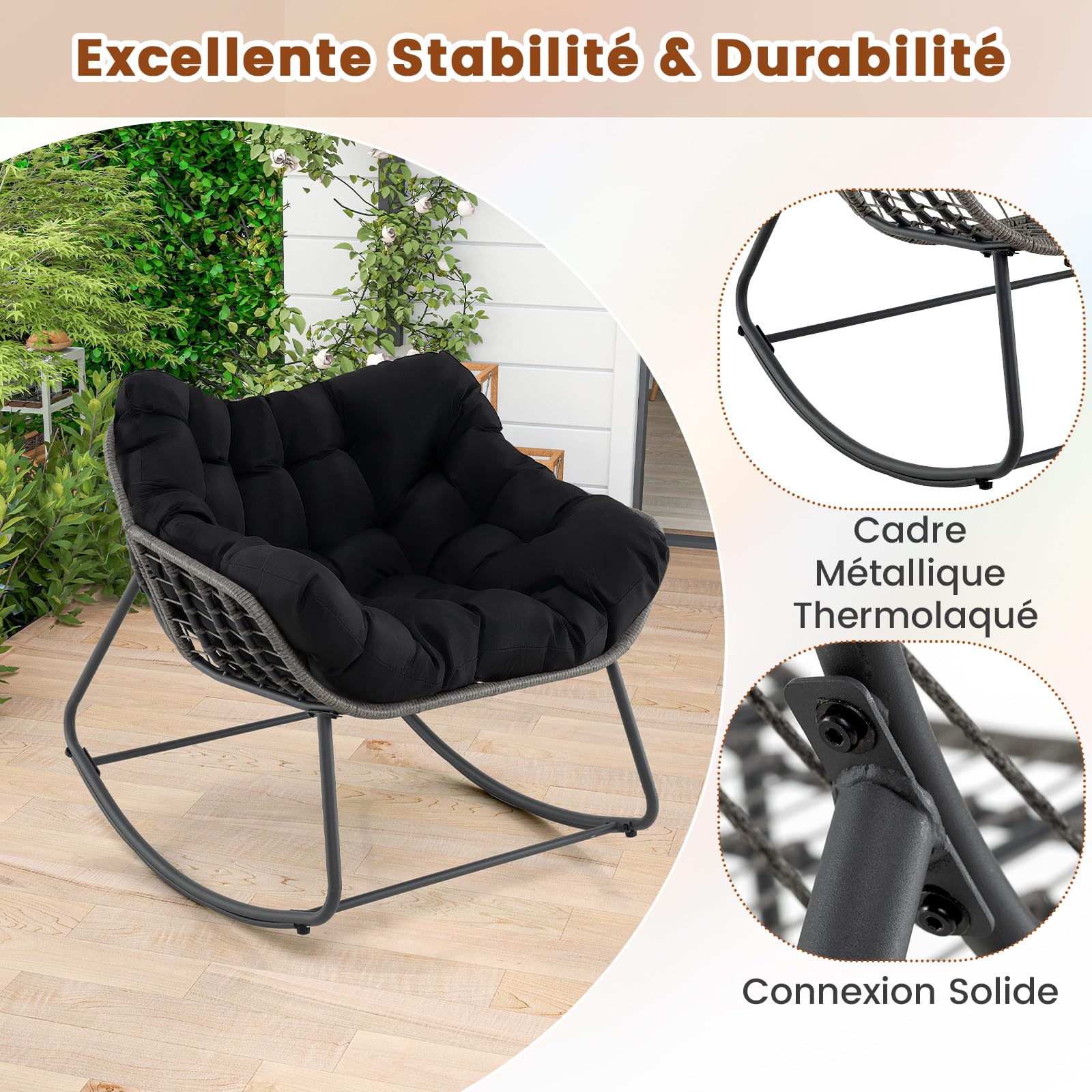 GYMAX Fauteuil Œuf à Bascule en Rotin PE, Coussin Épais Rembourré, Cadre en Metal Robuste, Bandes Antidérapantes, Patins de Butée, pour Relaxation Salon, Patio, Balcon, Cour, Piscine (Noir)